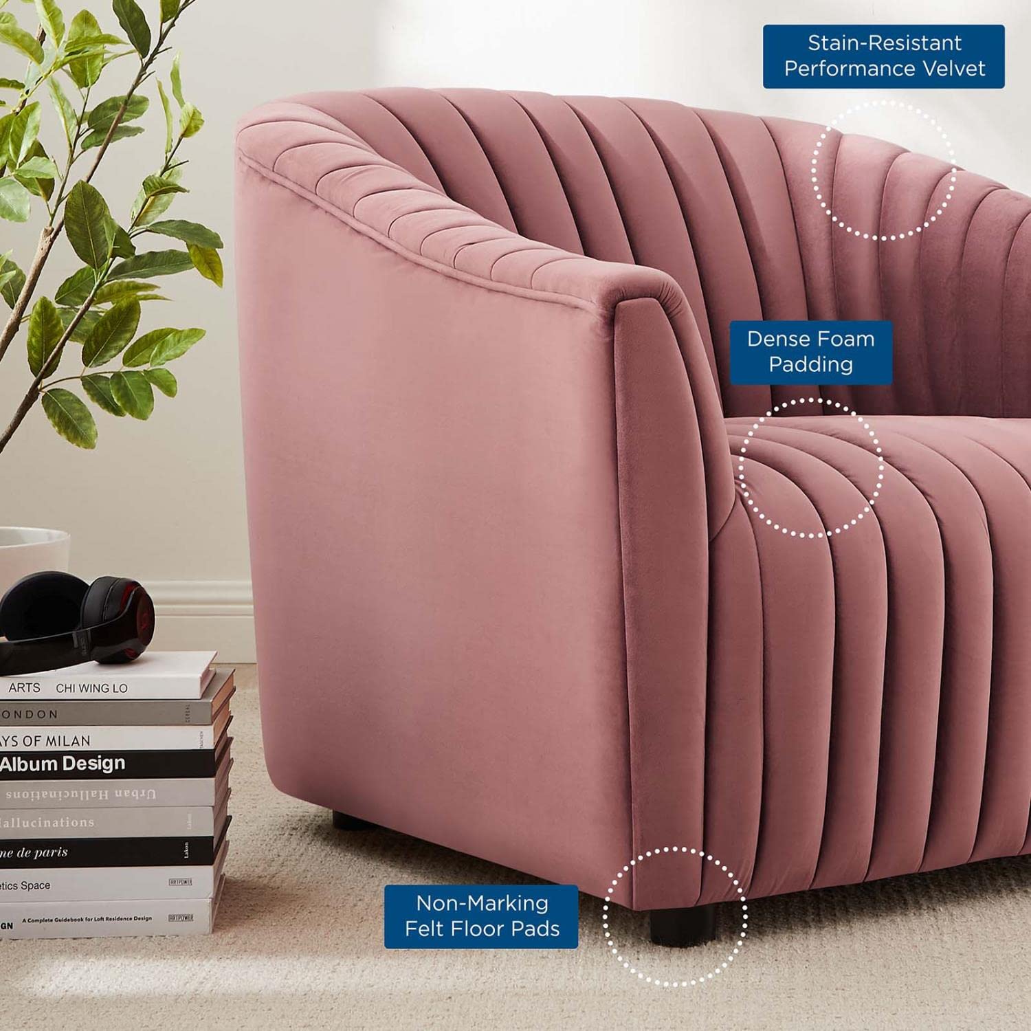 Modway Announce Performance Velvet Channel Tufted Armchair, Dusty Rose