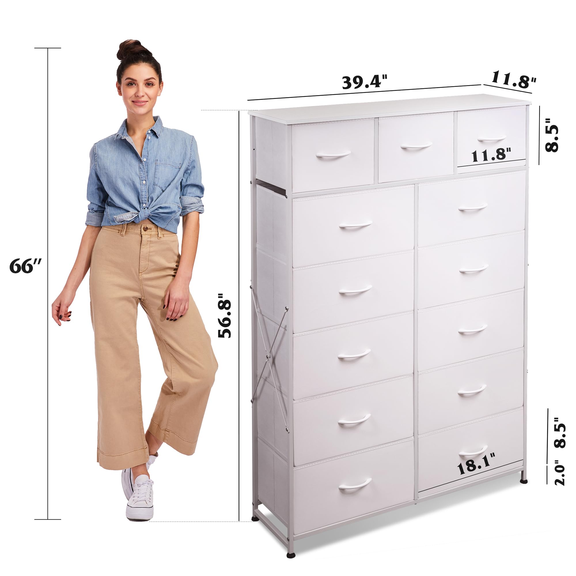 Wlive Tall Dresser For Bedroom With 13 Drawers, Storage Dresser Organizer Unit, Fabric Dresser For Bedroom, Closet, Chest Of Drawers With Fabric Bins, Steel Frame, Wood Top, White