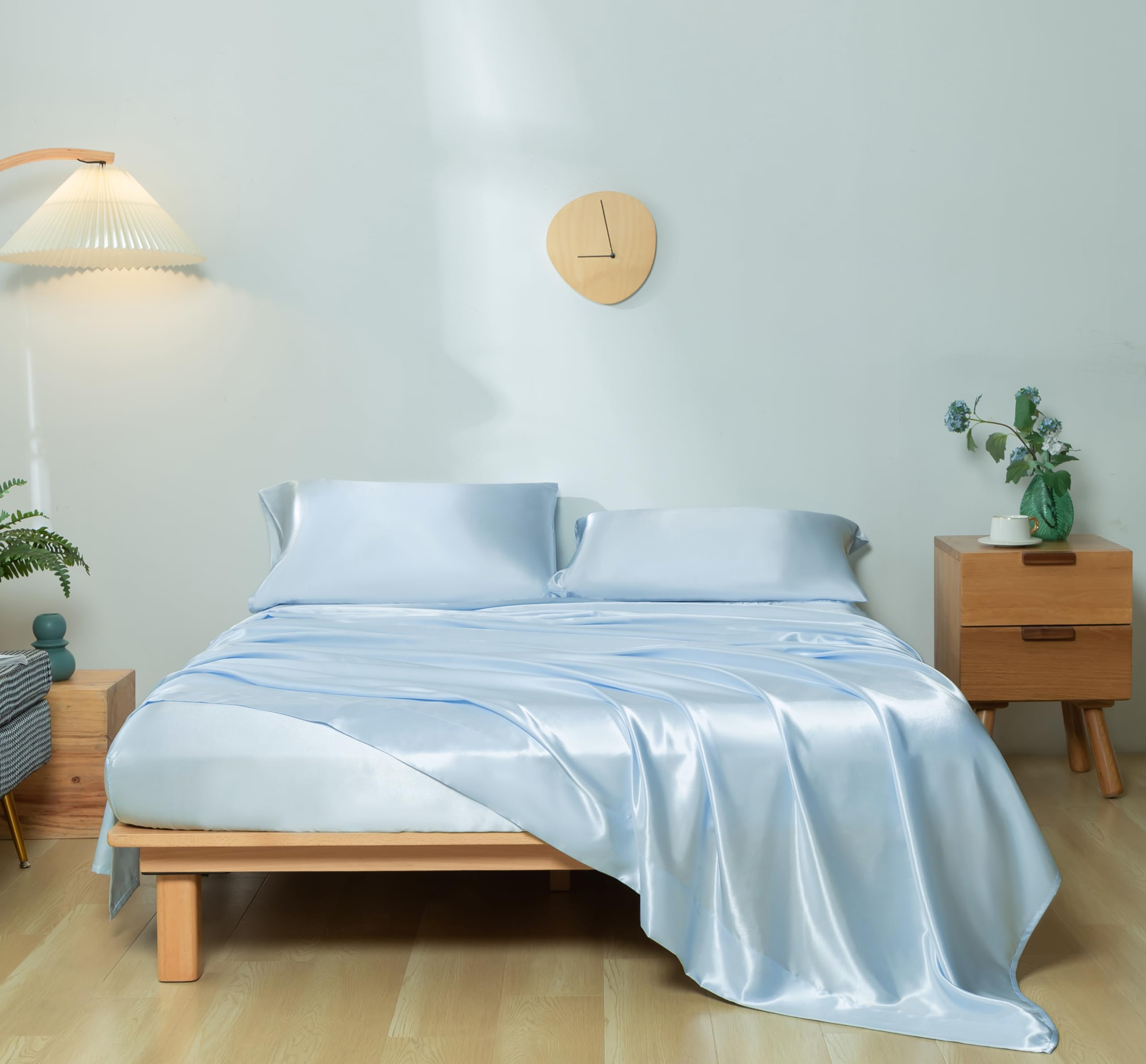 Revdomfly 3 Pcs Twin Size Luxury Silky Soft Baby Blue Satin Sheet Set,1 Premium Moisture Wicking Fitted Sheet Fits Up To 16 Inch