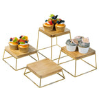 MyGift 6 Inch Square Burnt Natural Solid Wood and Gold Tone Metal Wire Cupcake Dessert Risers, Tabletop Pizza Food Serving Stand