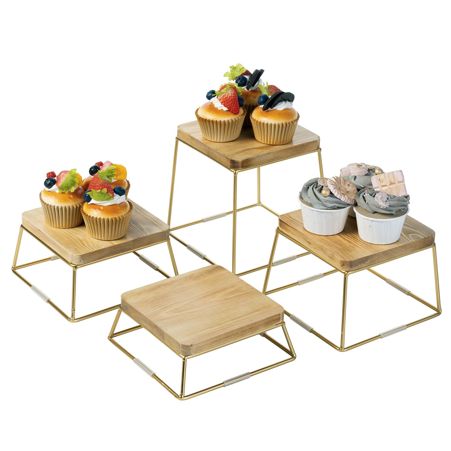 MyGift 6 Inch Square Burnt Natural Solid Wood and Gold Tone Metal Wire Cupcake Dessert Risers, Tabletop Pizza Food Serving Stand