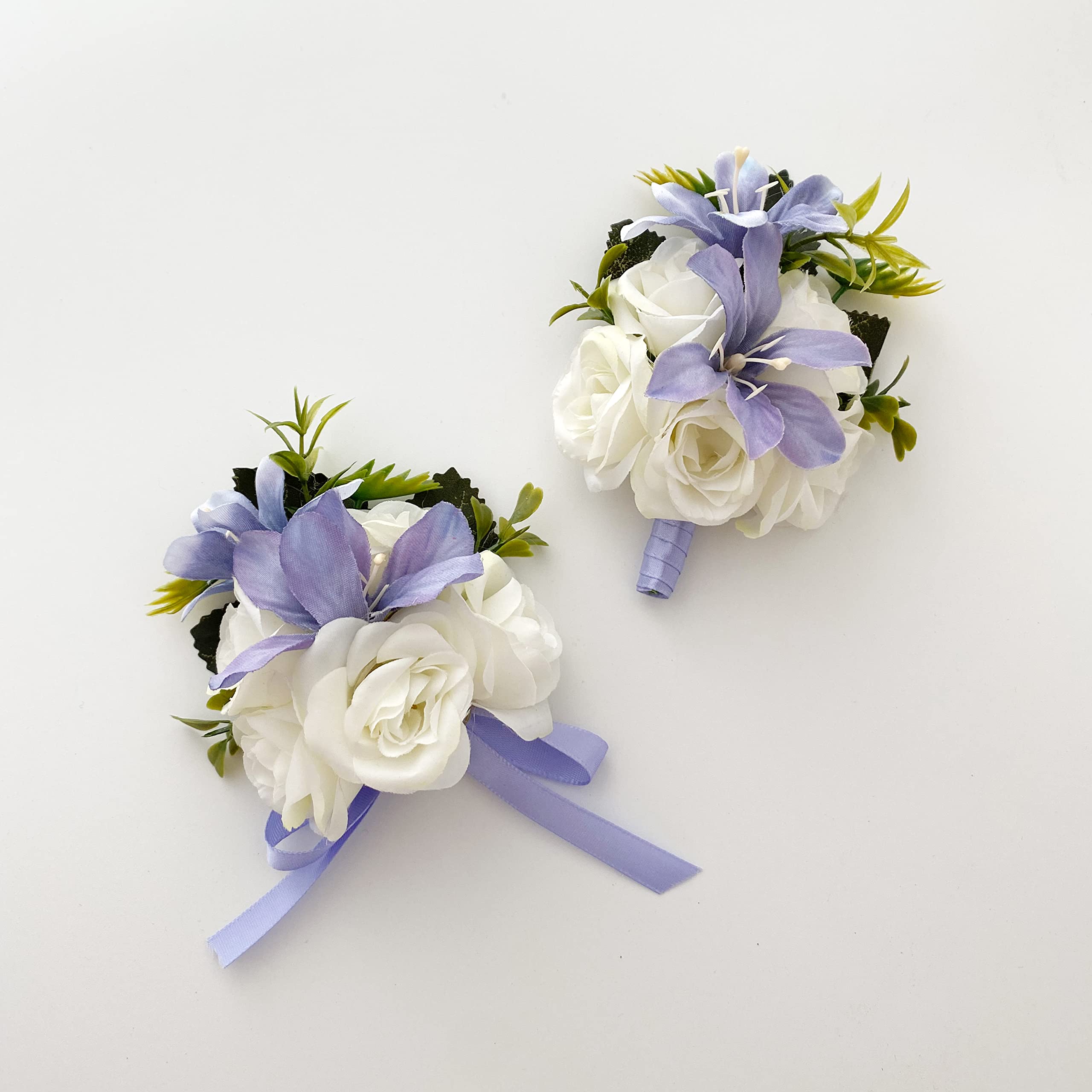 Abbie Home Wedding Wrist Corsage Brooch Boutonniere Set Party Prom Hand Flower D  cor-White&Lavender