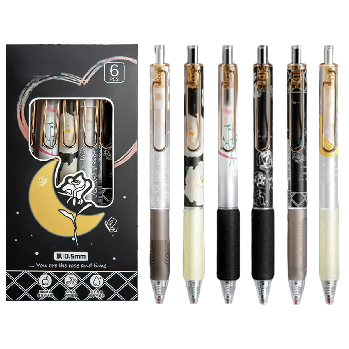 Mozxirz 6 Pcs Gel Ink Pens Retractable Pens Cute Rose Flower Pen 0.5Mm Black Ink Pen Writing Pens Office School Supplies For Gir