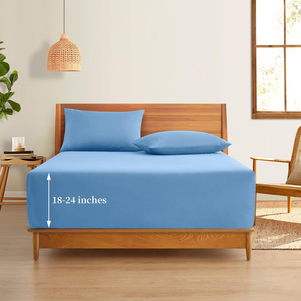 Horbaunal Extra Deep Pocket King Fitted Sheet Only - Fits Up To 24 Inch Mattress - Luxury 1800 Thread Count - Microfiber Blue Fi