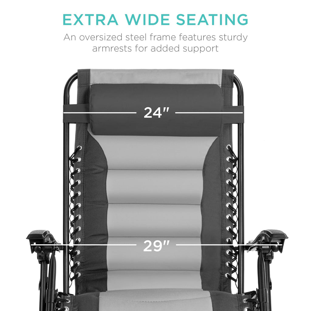 Best Choice Products Oversized Padded Zero Gravity Chair, Folding Outdoor Patio Recliner, Xl Anti Gravity Lounger For Backyard W/Headrest, Cup Holder, Side Tray, Polyester Mesh - Gray/Light Gray