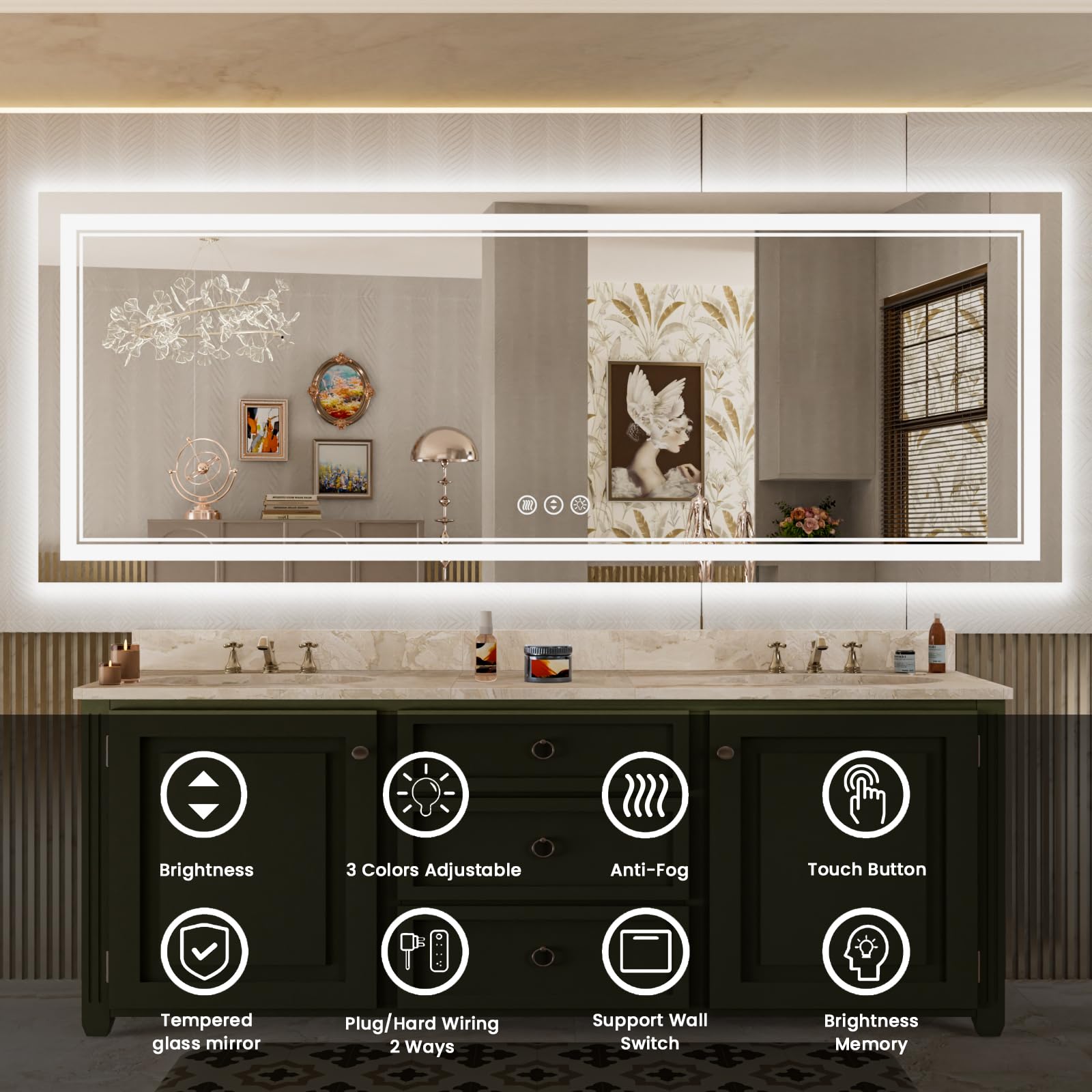 Istripmf 84X32 Inch Large Led Mirror Bathroom With Lights, Backlit And Front Lighted Bathroom Vanity Mirror For Wall, Anti Fog,D