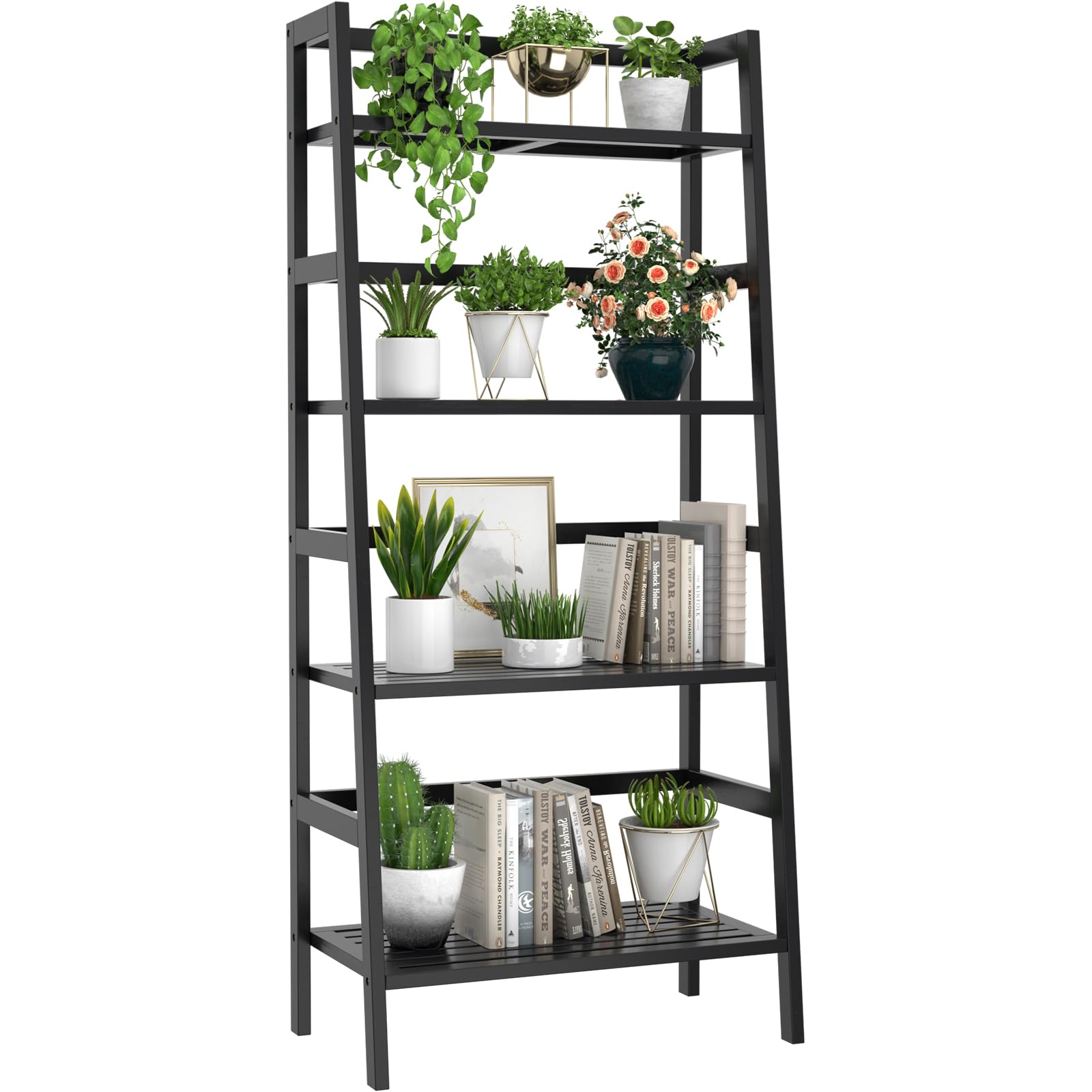 Homykic Bamboo Ladder Bookshelf, 4-Tier Ladder Shelf Open Book Shelf Freestanding Bookcase Bathroom Storage Rack Plant Stand for