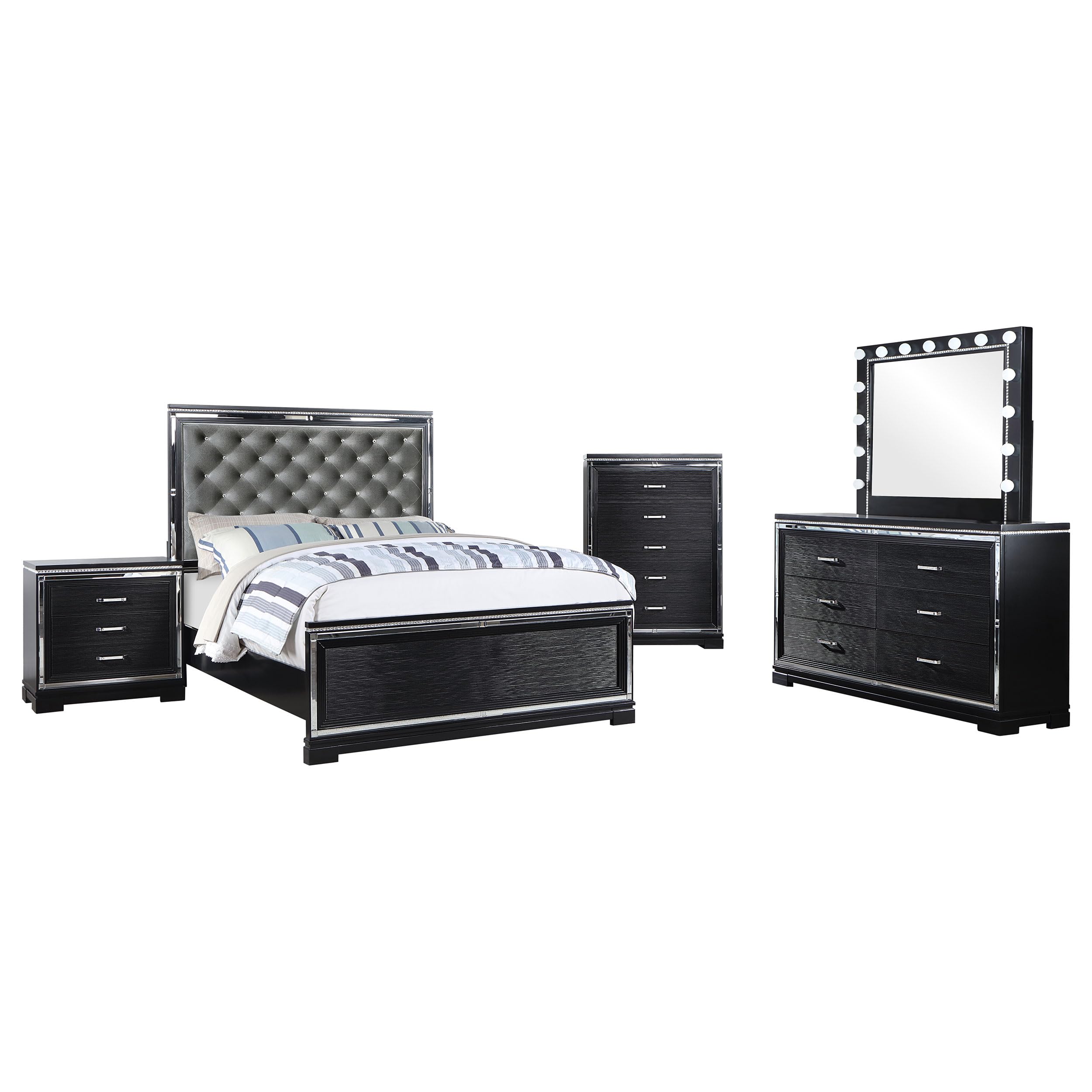 Coaster Home Furnishings Cappola Modern Classic 5-Piece Bedroom Set Velvet Upholstered Eastern King Size Panel Bed Frame 62-Inch Headboard Black 223361Ke-S5