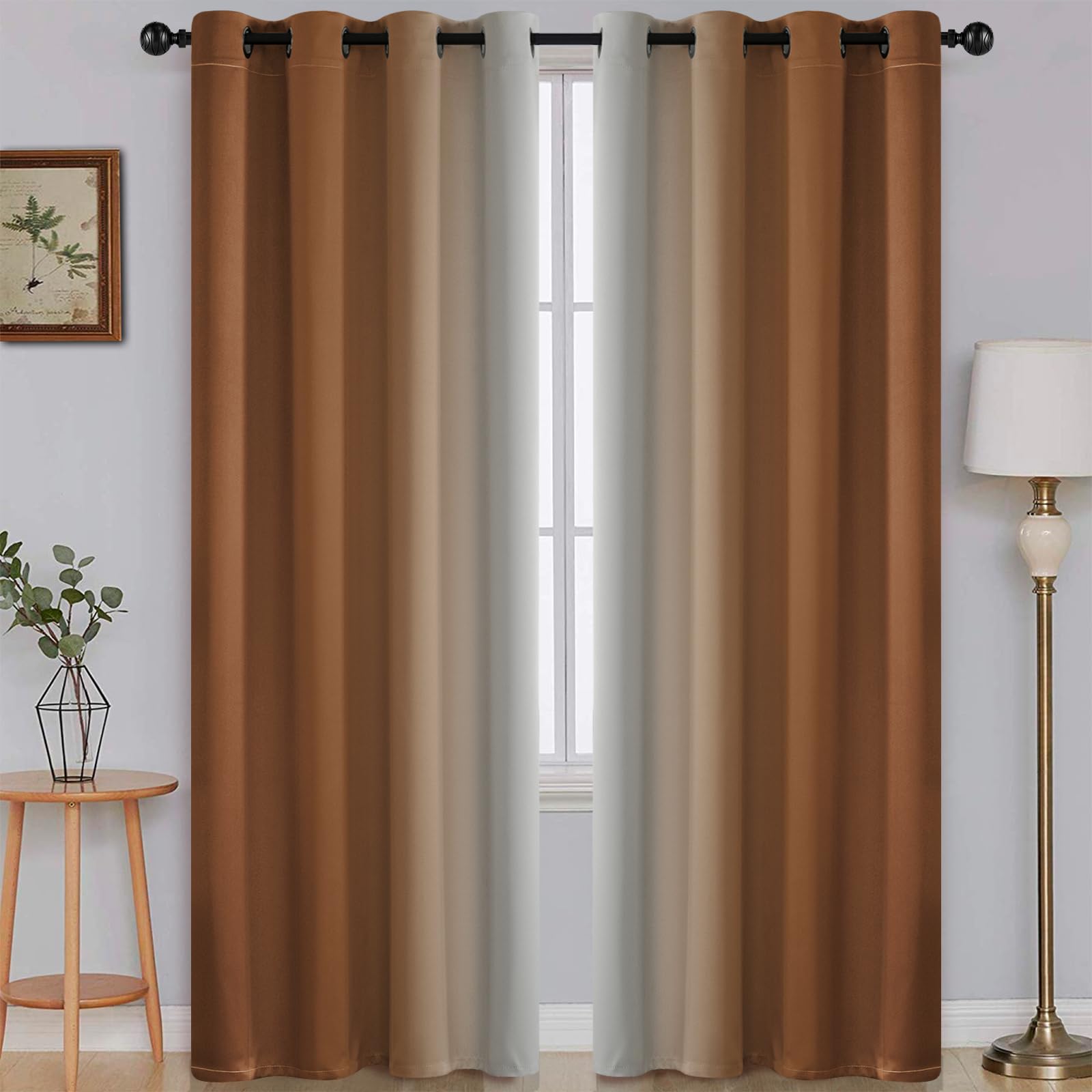 Simplehome Ombre Room Darkening Curtains For Bedroom, Gradient Burnt Orange To Grey White Light Blocking Thermal Insulated Gromm