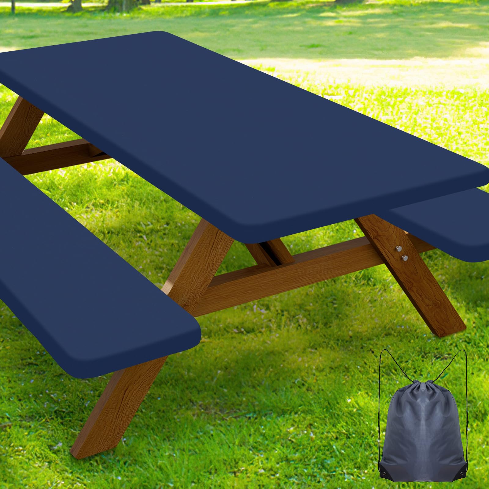 Smiry Picnic Table Cover with Bench Covers, Waterproof Elastic Fitted Polyester Tablecloths for 5 Ft Rectangle Tables, Washable 