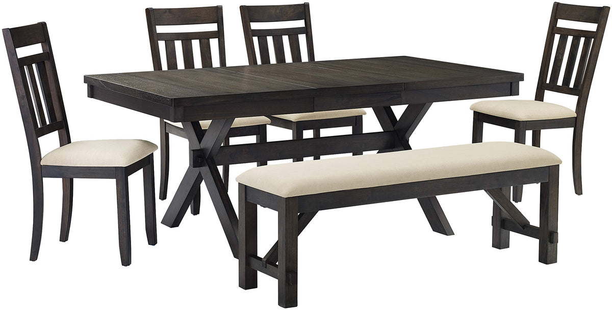 Crosley Furniture Hayden 6-Piece Modern Farmhouse Dining Table Set for 7 with 4 Slat Back Chairs and a Bench, Slate