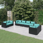 vidaXL 8-Piece Poly Rattan Patio Lounge Set, Water-Resistant Outdoor Furniture, Modular Design with Cushions, Black with Water Blue Cushions