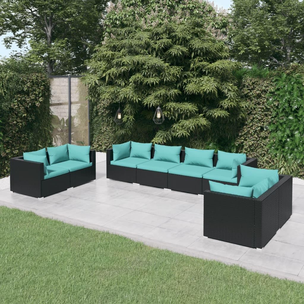 vidaXL 8-Piece Poly Rattan Patio Lounge Set, Water-Resistant Outdoor Furniture, Modular Design with Cushions, Black with Water Blue Cushions