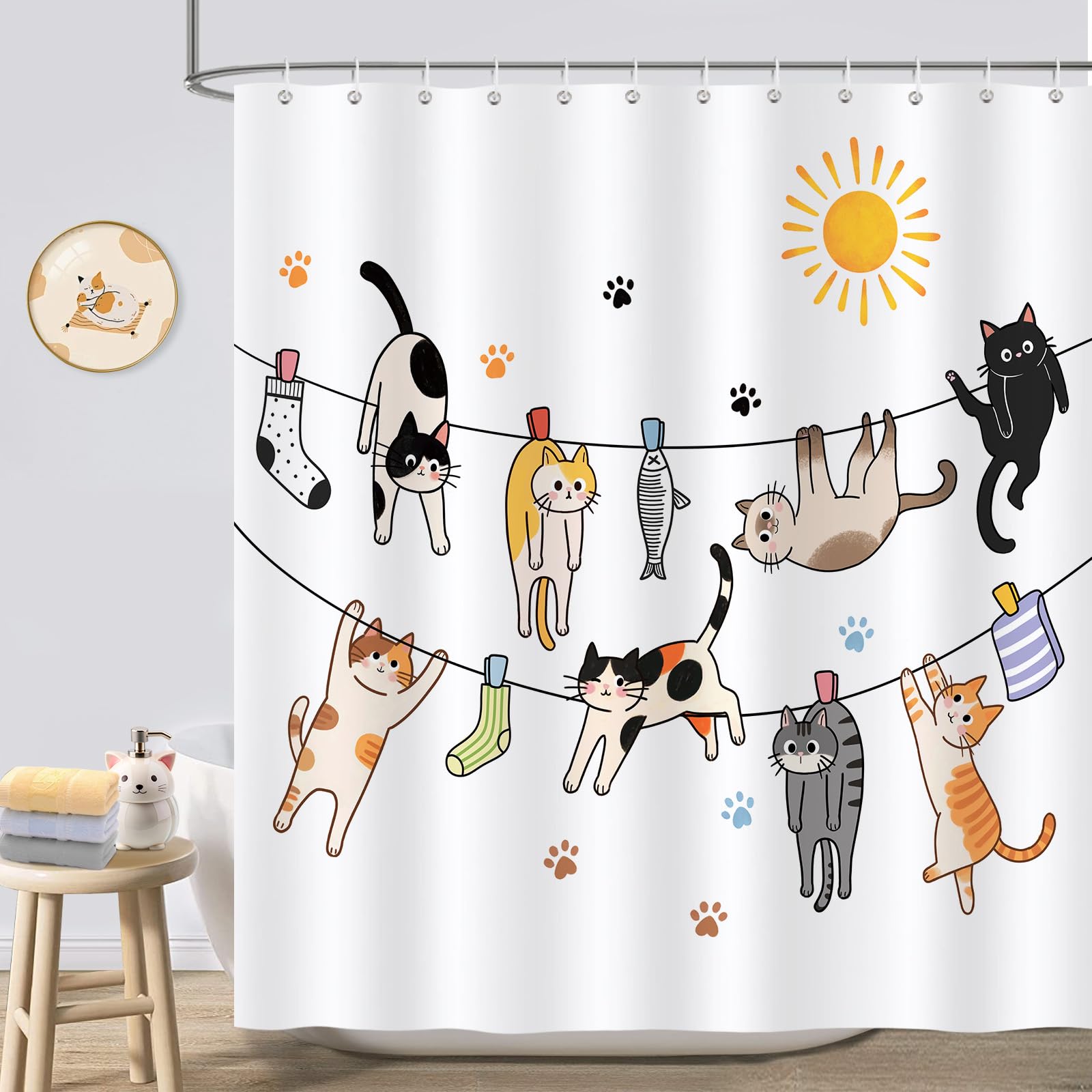 COZZSNUGE Cute Cat Shower Curtain, Playful Kitten on Clothesline Claw Print Cat Lover Kids Shower Curtain for Bathroom Waterproo