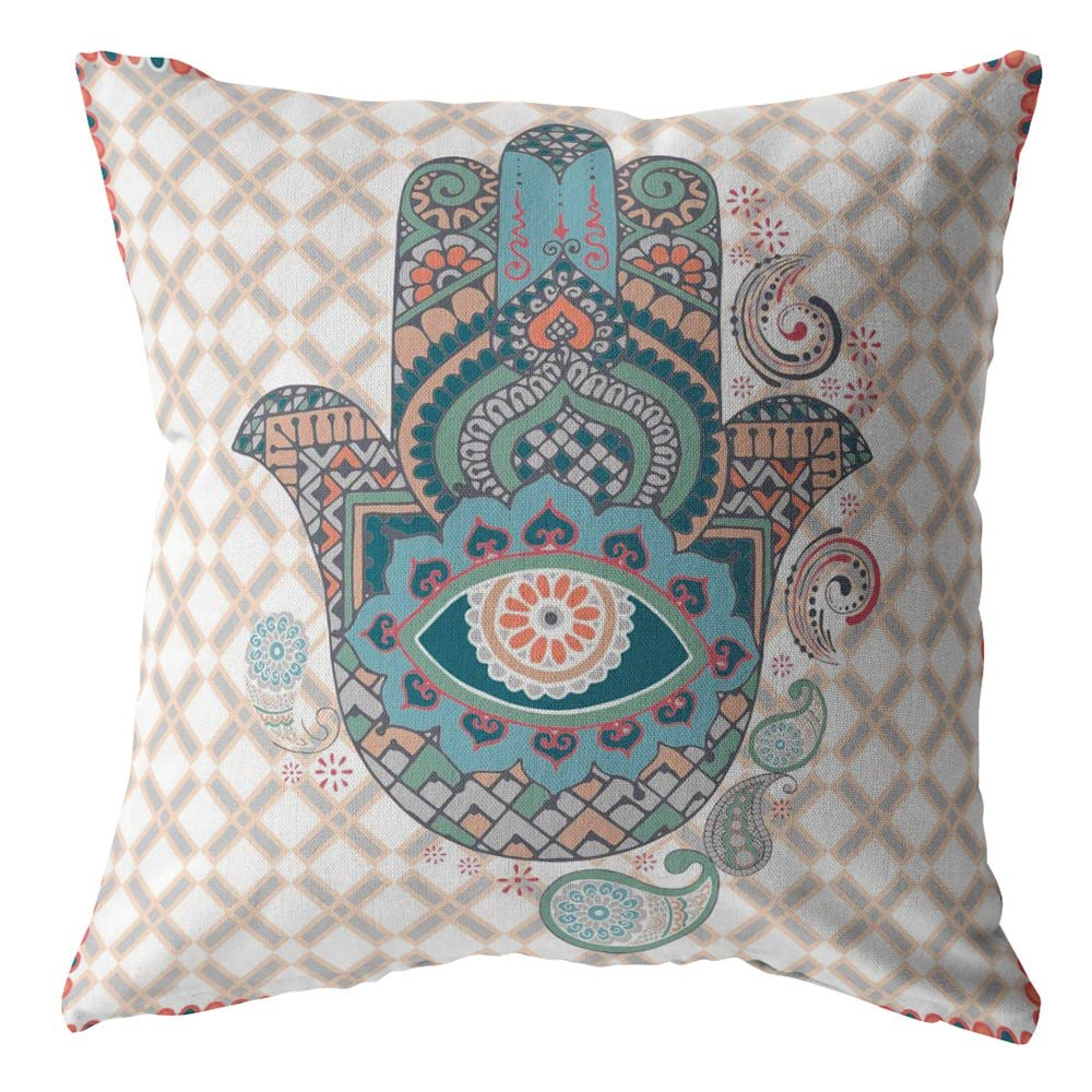 HomeRoots Muted Blue On Orange 18â€ Blue Gray Hamsa Boho Suede Throw Pillow