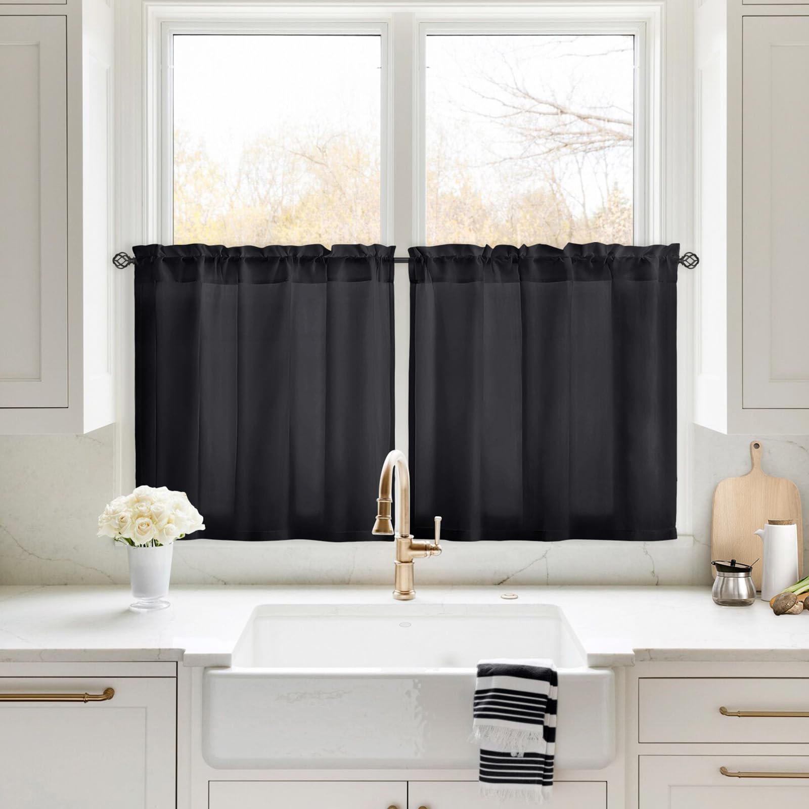 Homeideas Non-See-Through Black Privacy Sheer Kitchen Curtains 30 X 24 Inches Long 2 Panels Short Sheer Curtains Light Filtering Bathroom Window Curtains Drapes For Bedroom Living Room