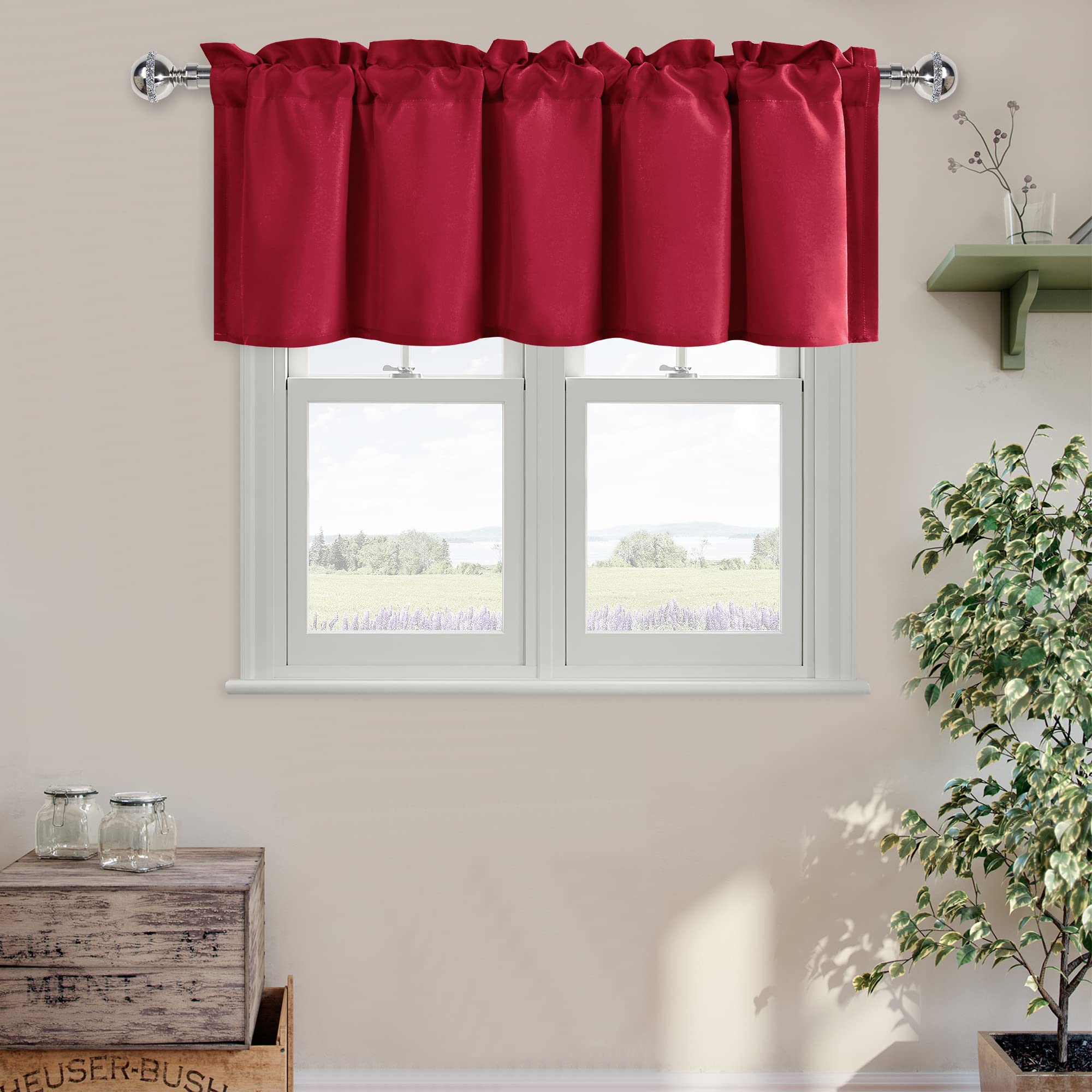 DWCN Red Valance for Windows, Kitchen Curtain Valance 18 Inches, Basement Curtains for Windows, Rod Pocket Window Valance for Ba