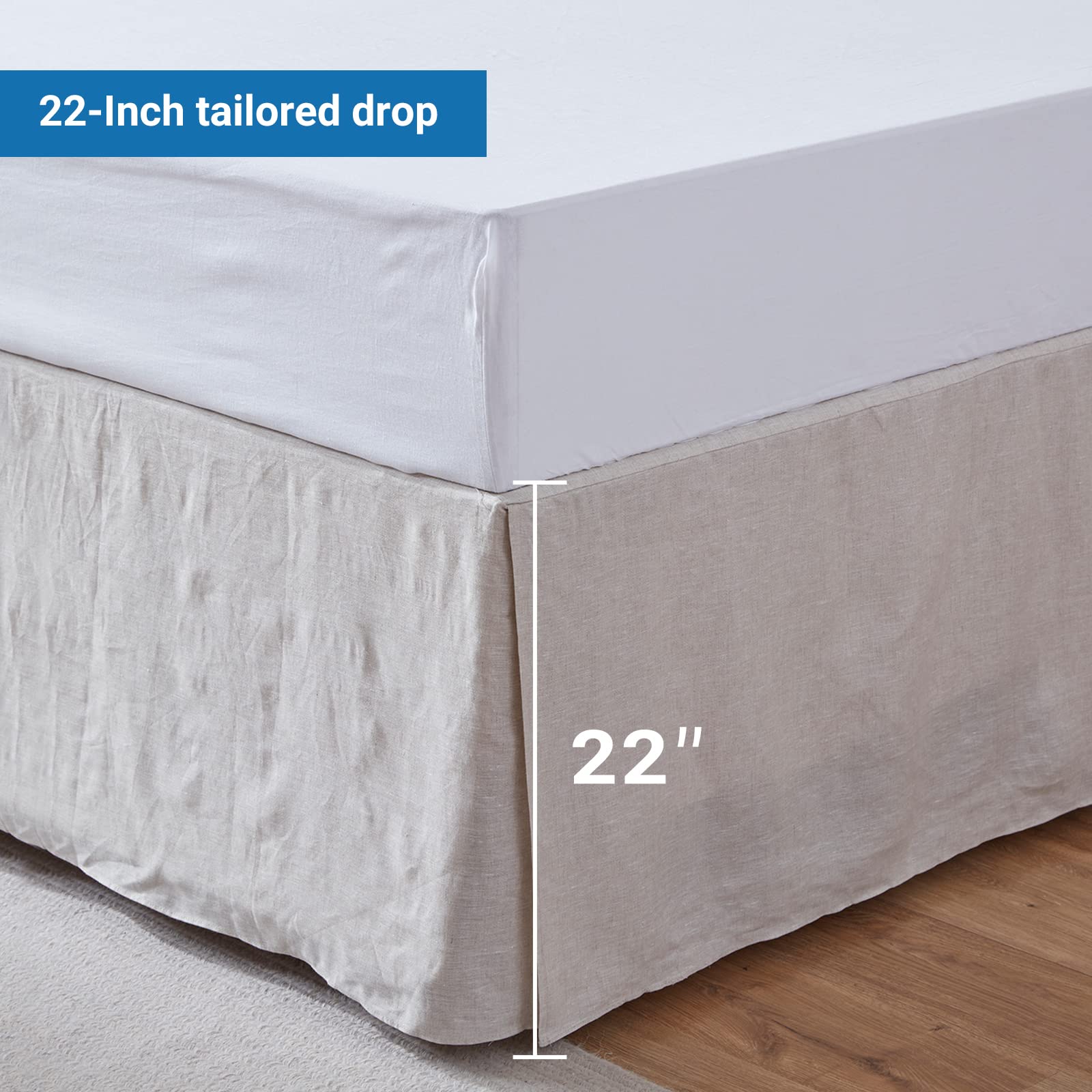 Simple&Opulence Belgian Linen Bed Skirt With Classic 22 Inch Tailored Drop Dust Ruffle, Easy Fit Breathable Premium Natural Flax