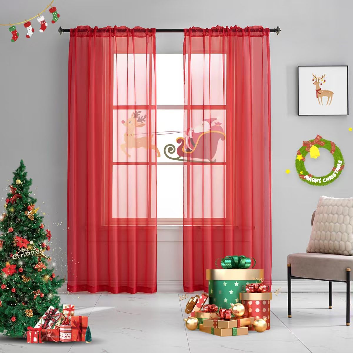 TOAVA DECO Christmas Red Sheer Curtains 95 Inches Long Rod Pocket Translucent Solid Color Volie Red Sheer Curtains 95 Inch Lengt