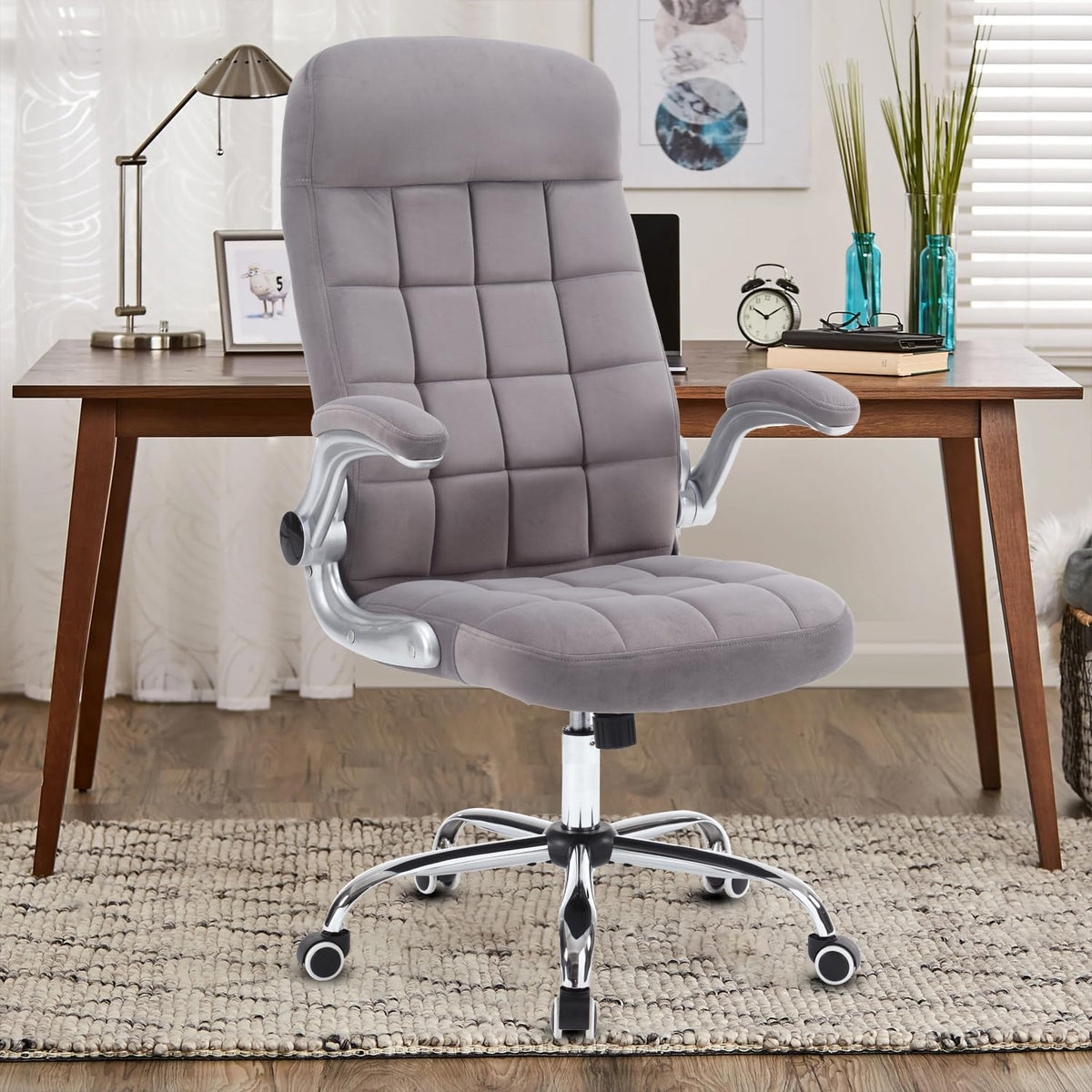Reficcer High Back Fabric Office Chair, Velvet Executive Desk Chair With Flip-Up Arms, Ergonomic Office Desk Chair With Lumbar S