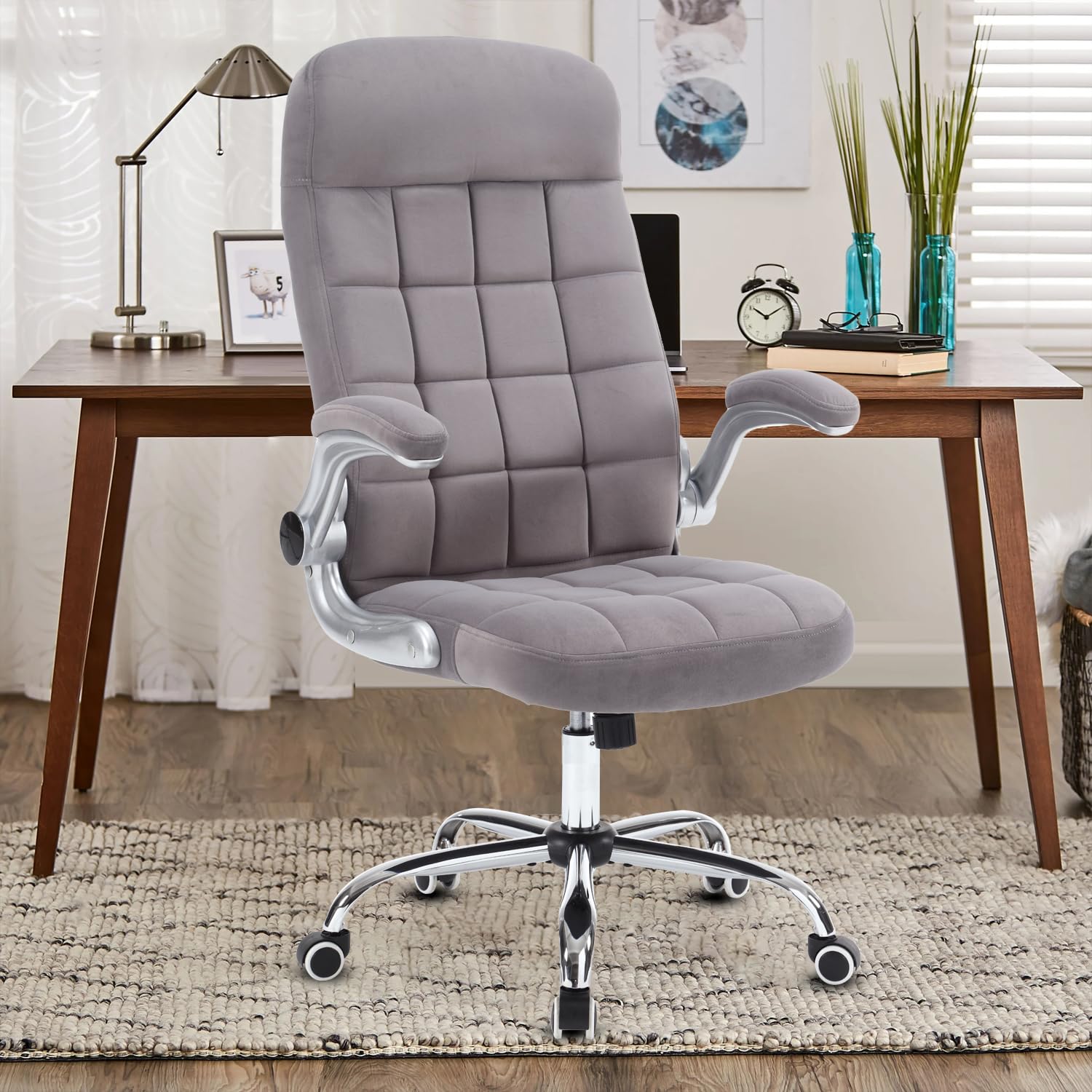 Reficcer High Back Fabric Office Chair, Velvet Executive Desk Chair With Flip-Up Arms, Ergonomic Office Desk Chair With Lumbar S