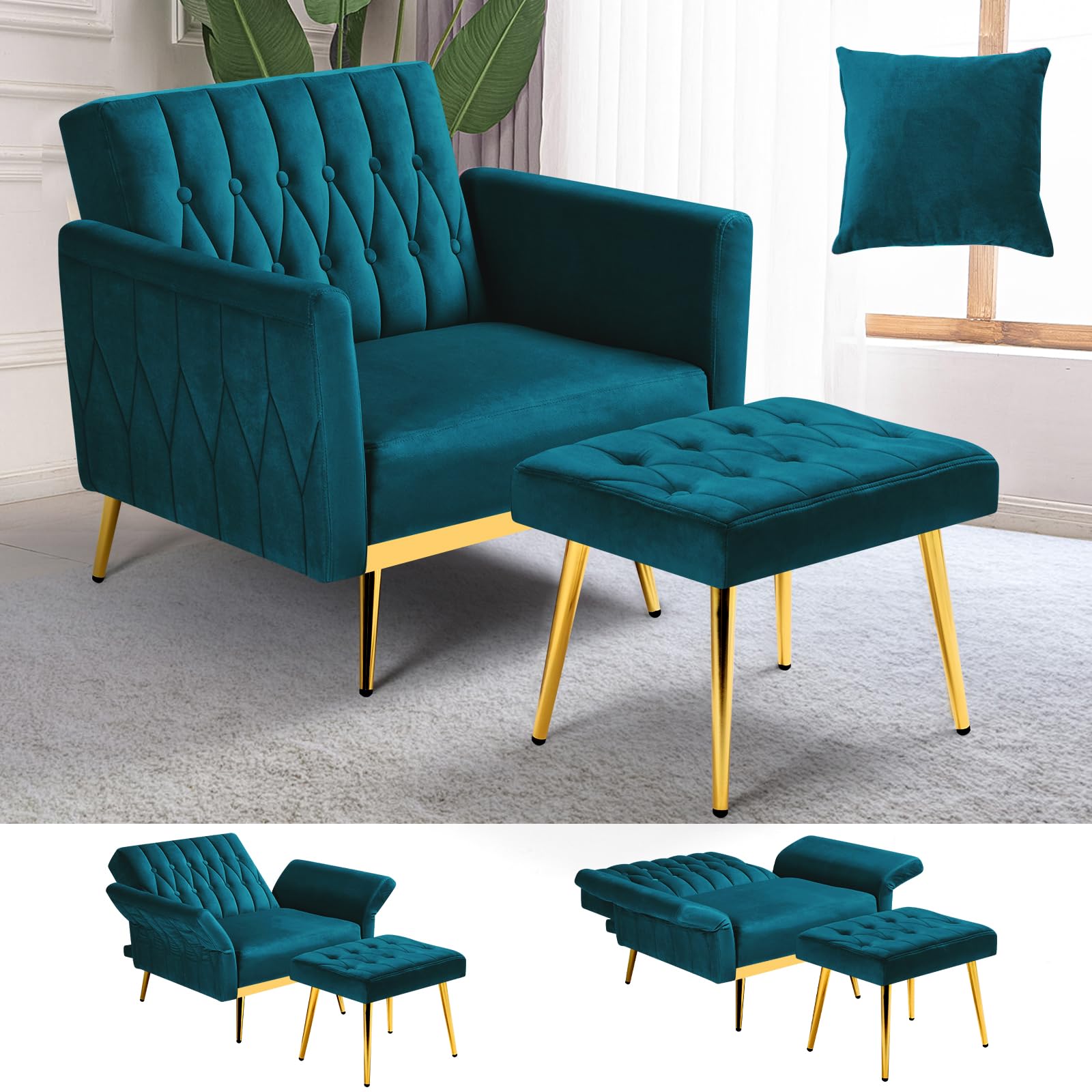 Acmease Velvet Accent Chair With Adjustable Armrests And Backrest, Button Tufted Lounge Chair, Single Recliner Armchair With Ottoman And Pillow For Living Room, Bedroom,Teal