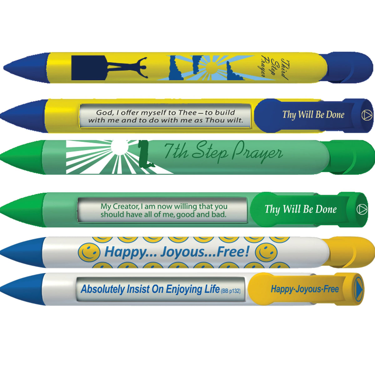 Greeting Pen Recovery Pens- 3Rd Step/7Th Step/Happy Joyous Free Pen Trio Rotating Message 6 Pen Set (36077)