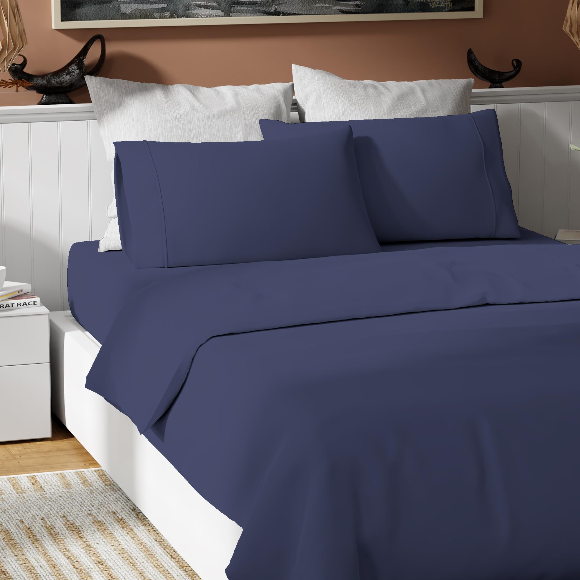 Color Sense 100% Cotton Navy Twin Sheet Set, Percale Weave Navy Bed Sheets, Twin Size Dorm Sheets Set, Cool & Crisp, 3 Piece Twi