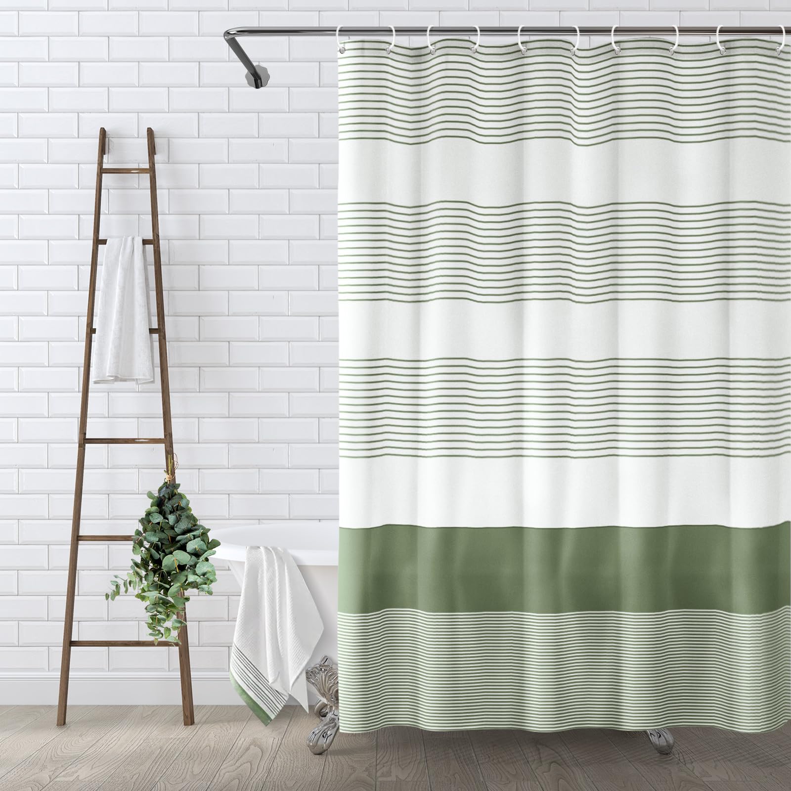 Awellife Sage Green Shower Curtain For Bathroom Boho Stripe Shower Curtain 72 X 72 Inches Farmhouse Linen