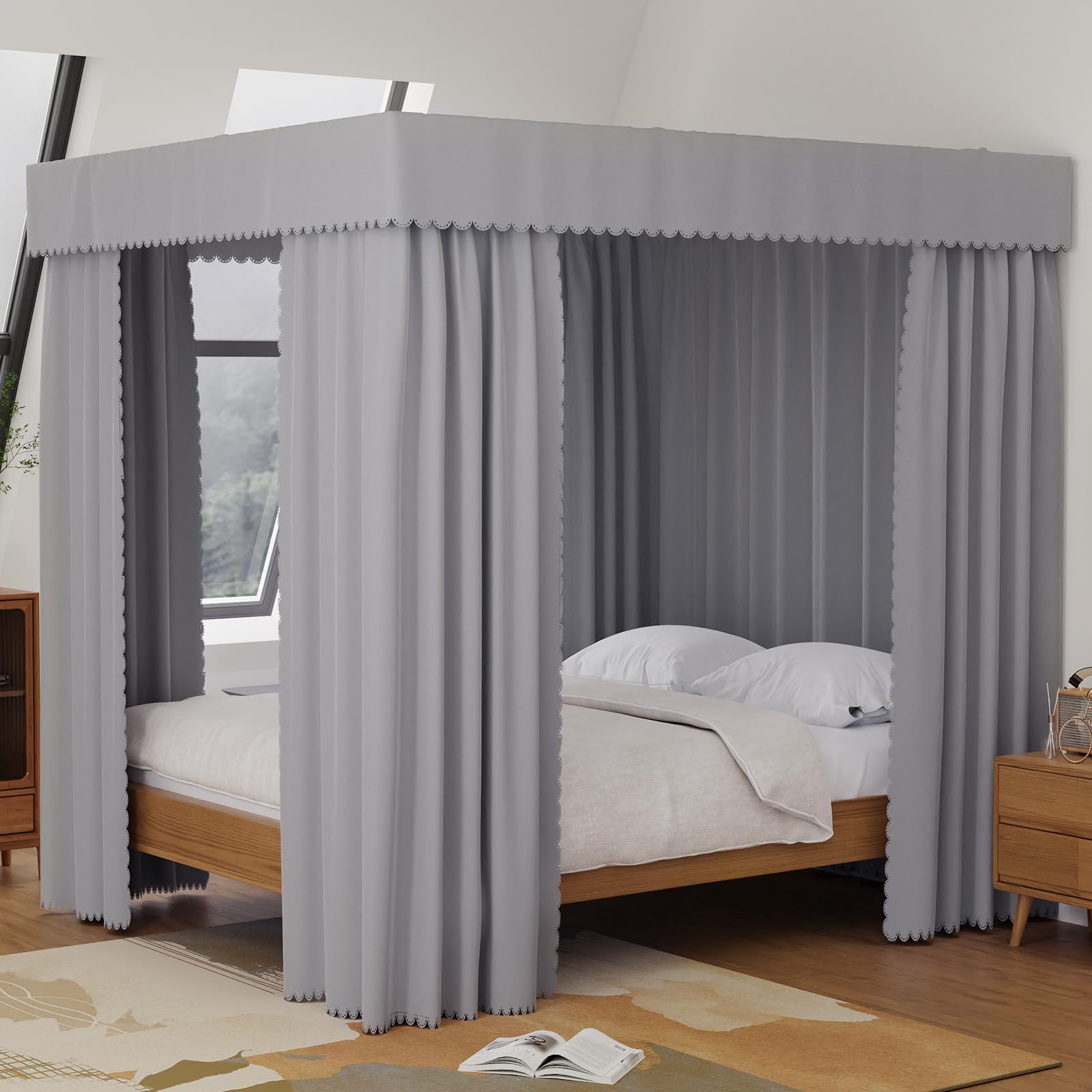 Kmhesvi Grey Canopy Bed Curtains - 4 Corner Post Bed Curtains Canopy Twin Bed Canopy Curtains For Adults Girls Bedroom Decoratio