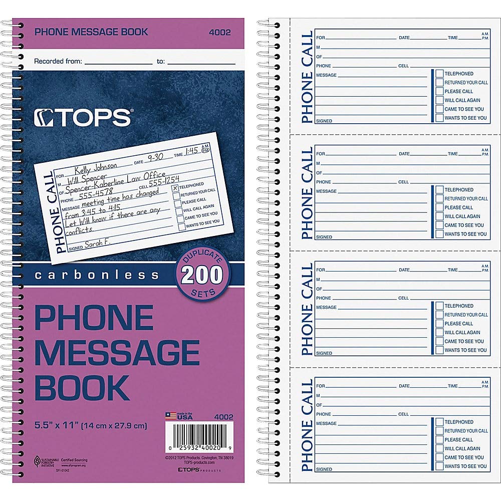 Tops Phone Message Book, Carbonless Duplicate, 4 Messages Per Page, 200 Set Per Book (4002)