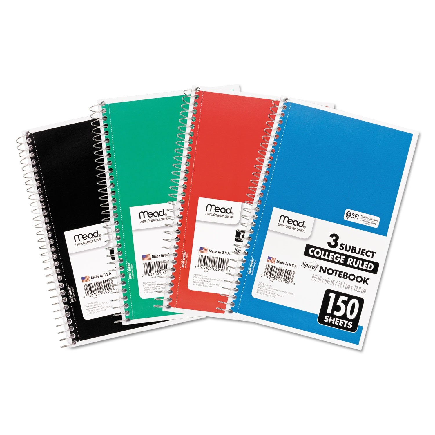 Mead 06900 Spiral Bound Notebook, Perforated, College Rule, 3 Subject, 9.5' X 5.5', White, 150 Sheets