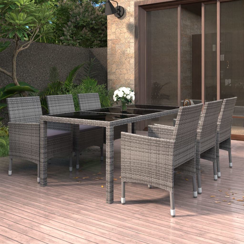 vidaXL Patio Dining Set 7 Piece Garden Outdoor Lawn Yard Terrace Balcony Table and Chair Seat Seating Furniture Poly Rattan and Tempered Glass Gray