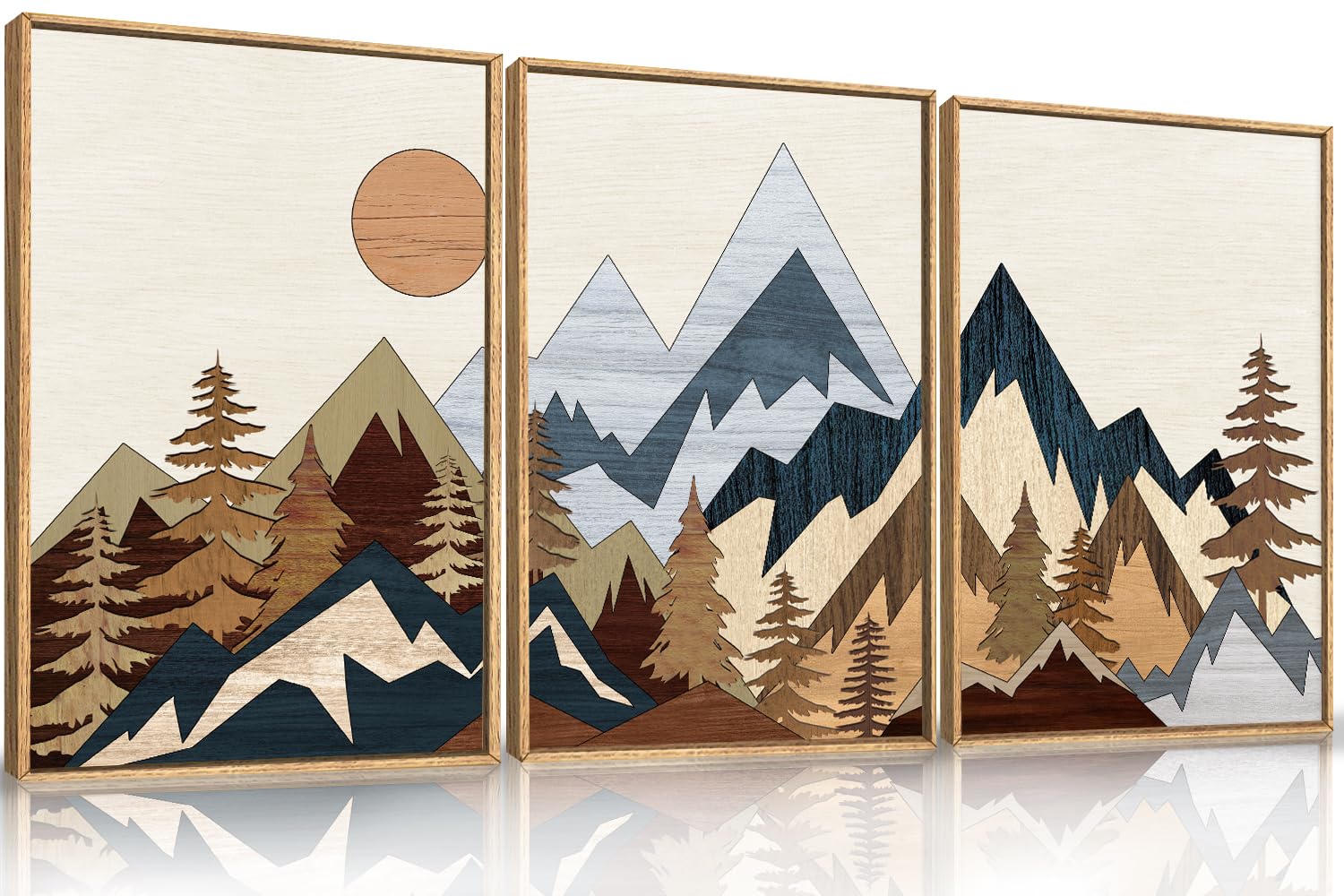 HOURIA Large Mountain Framed Wall Art Set,Nature Country Woodcut Style Wall Decor,Forest Nature Modern Wall Painting,Vintage Wil