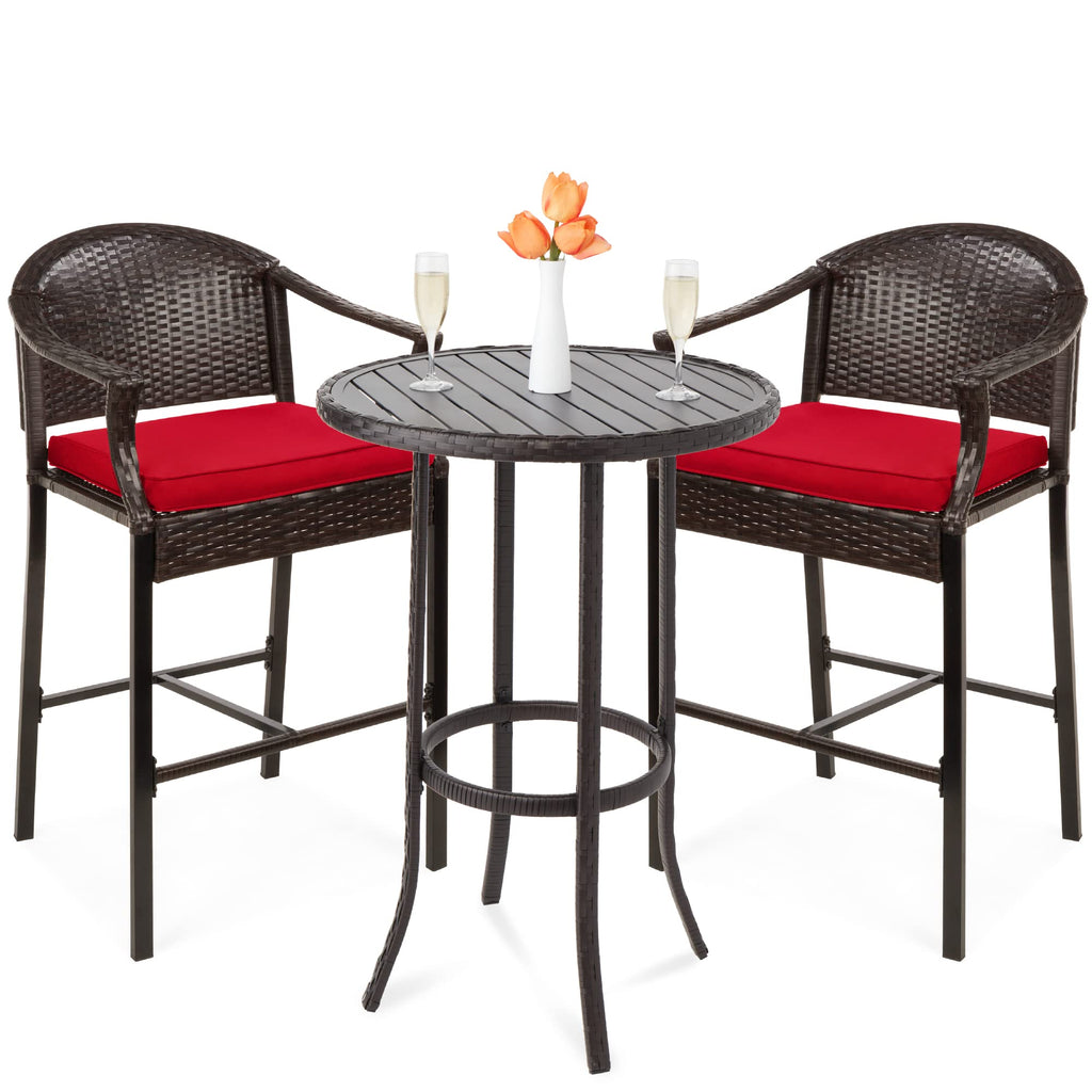 Best Choice Products 3-Piece Patio Bar Table Set, Outdoor Wicker Bar Height Bistro Furniture For Backyard, Poolside, Balcony W/Barstools, Cushions, Steel Frame - Brown/Red