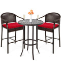 Best Choice Products 3-Piece Patio Bar Table Set, Outdoor Wicker Bar Height Bistro Furniture For Backyard, Poolside, Balcony W/Barstools, Cushions, Steel Frame - Brown/Red