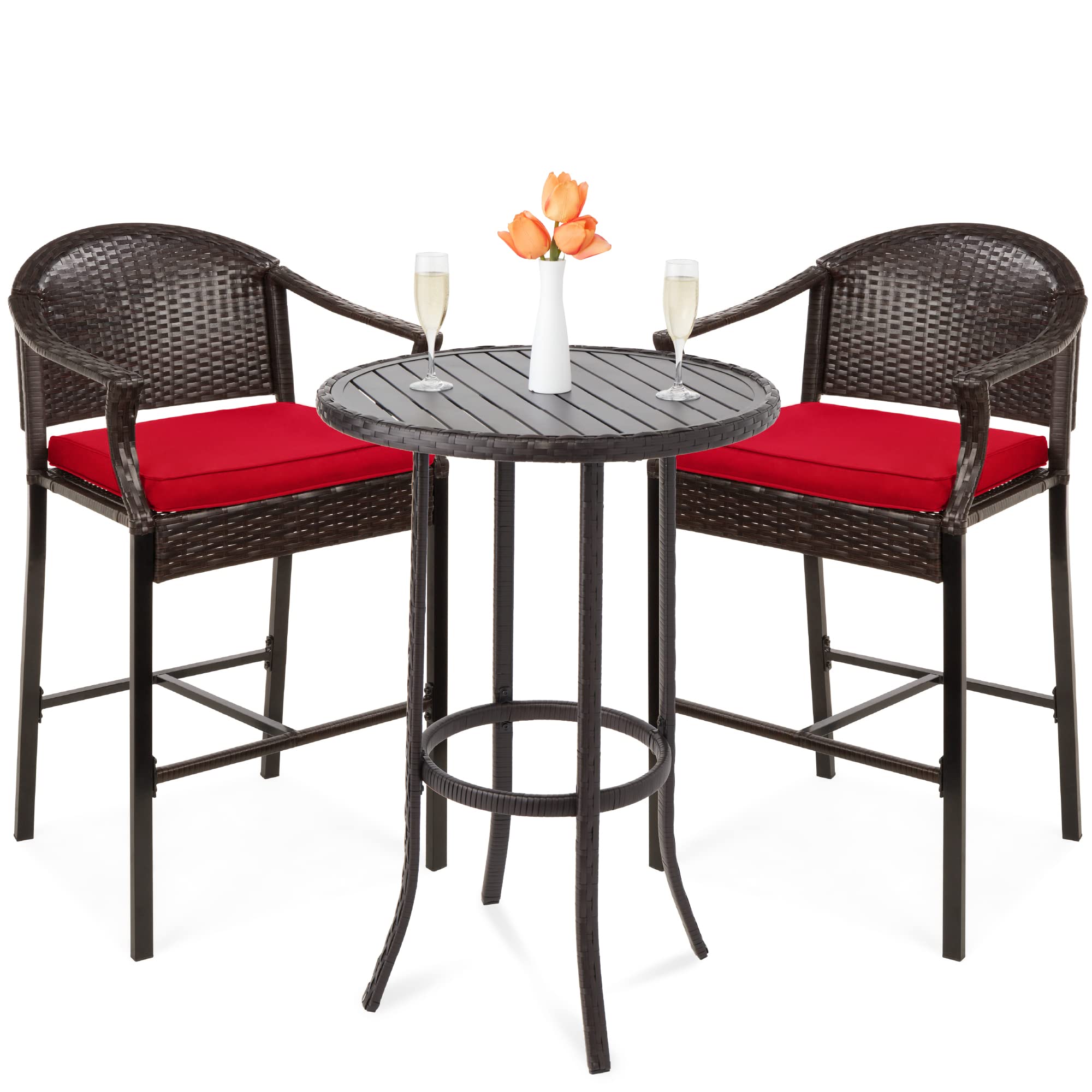 Best Choice Products 3-Piece Patio Bar Table Set, Outdoor Wicker Bar Height Bistro Furniture For Backyard, Poolside, Balcony W/Barstools, Cushions, Steel Frame - Brown/Red