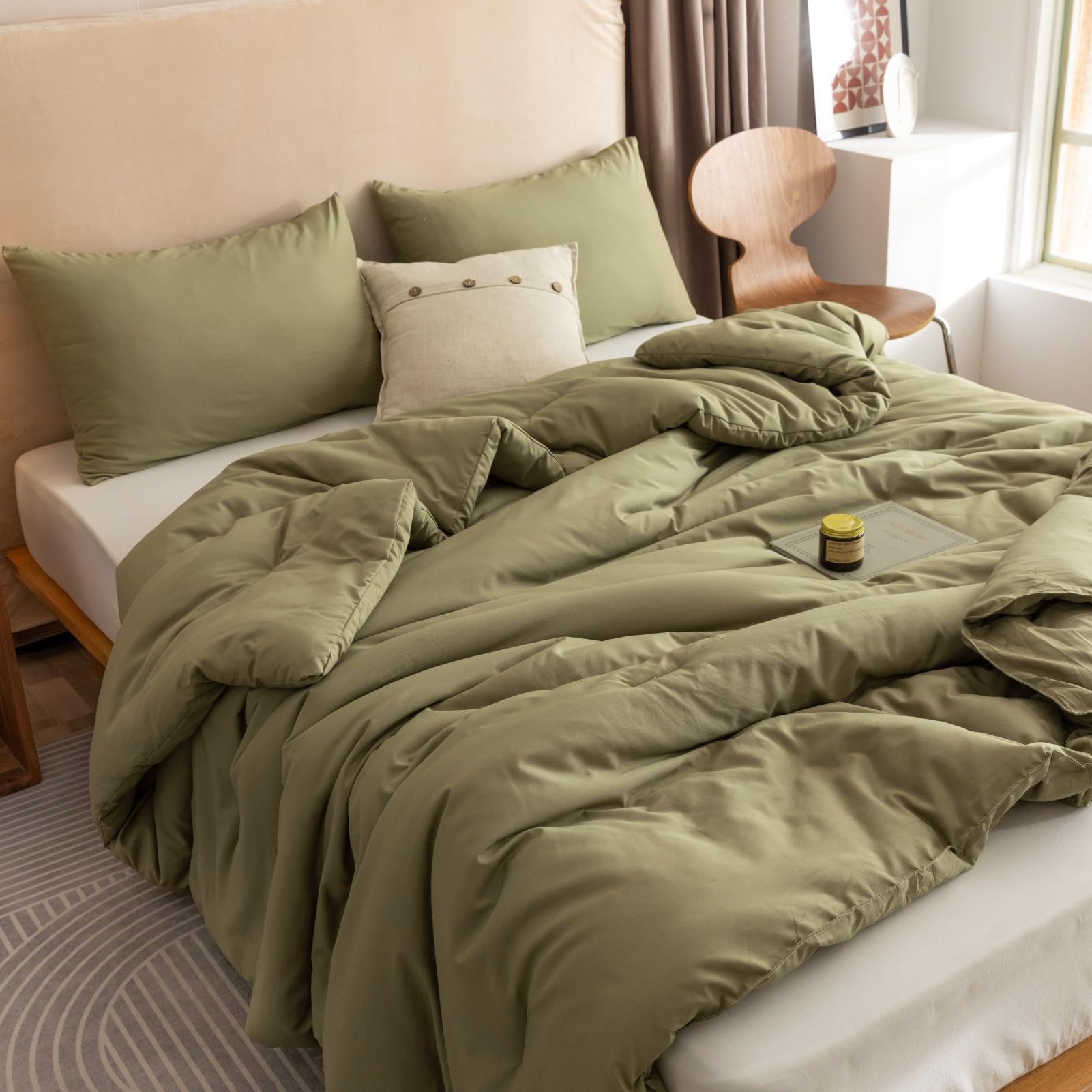 Rosgonia Queen Comforter Set Olive Green, 3Pcs Bedding Sets Queen (1 Boho Olive Comforter & 2 Pillowcases), All Season Lightweig