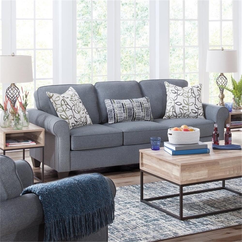 American Furniture Classics Model 8-010-A330V16 Classic Cottage Series Blue Fabric Sofa With Rolled Arms And 3 Accent Pillows