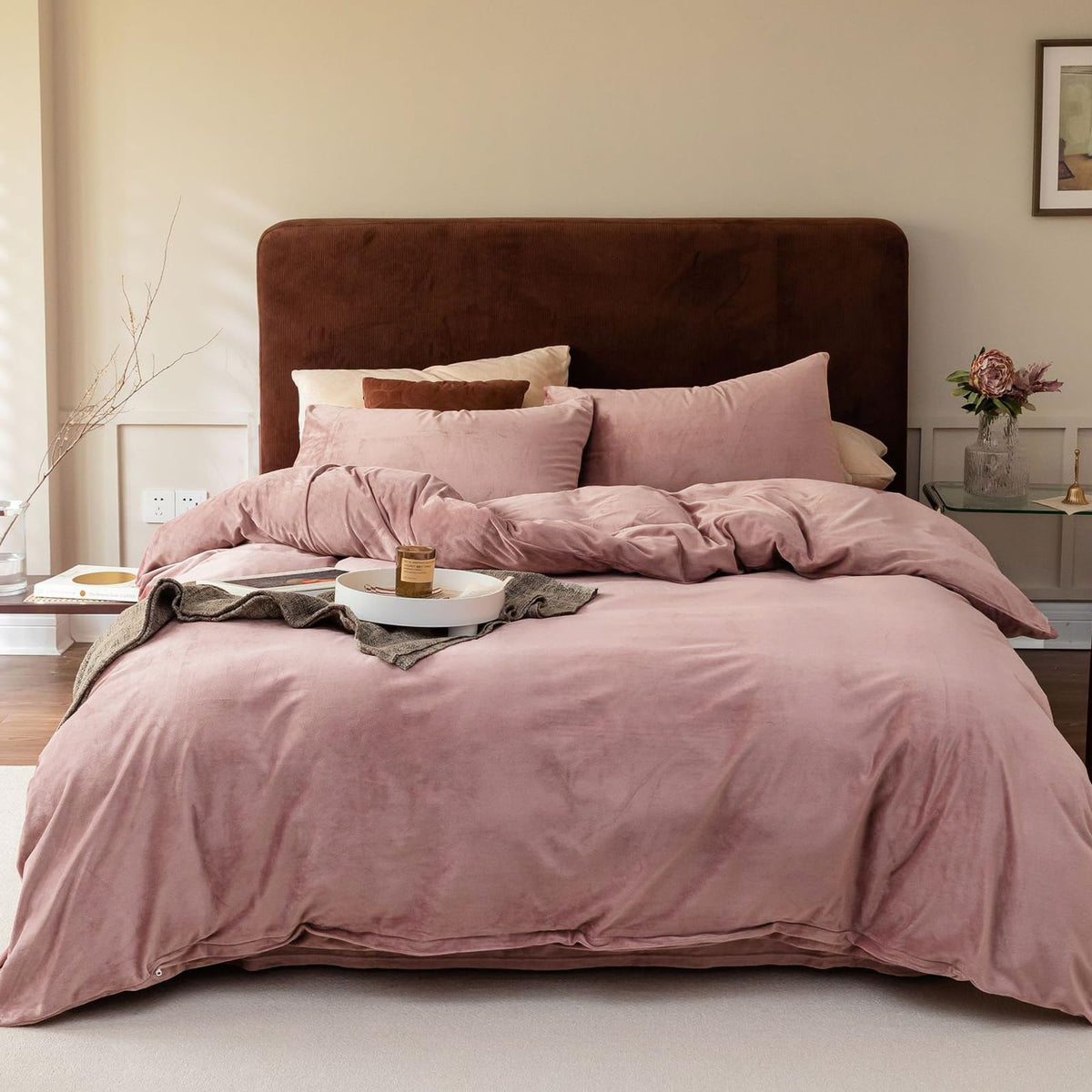 Cottonight Pink Velvet Comforter Set Full Blush Pink Flannel Bedding Comforter Set Plain Dusty Pink Winter Blanket Quilts Modern