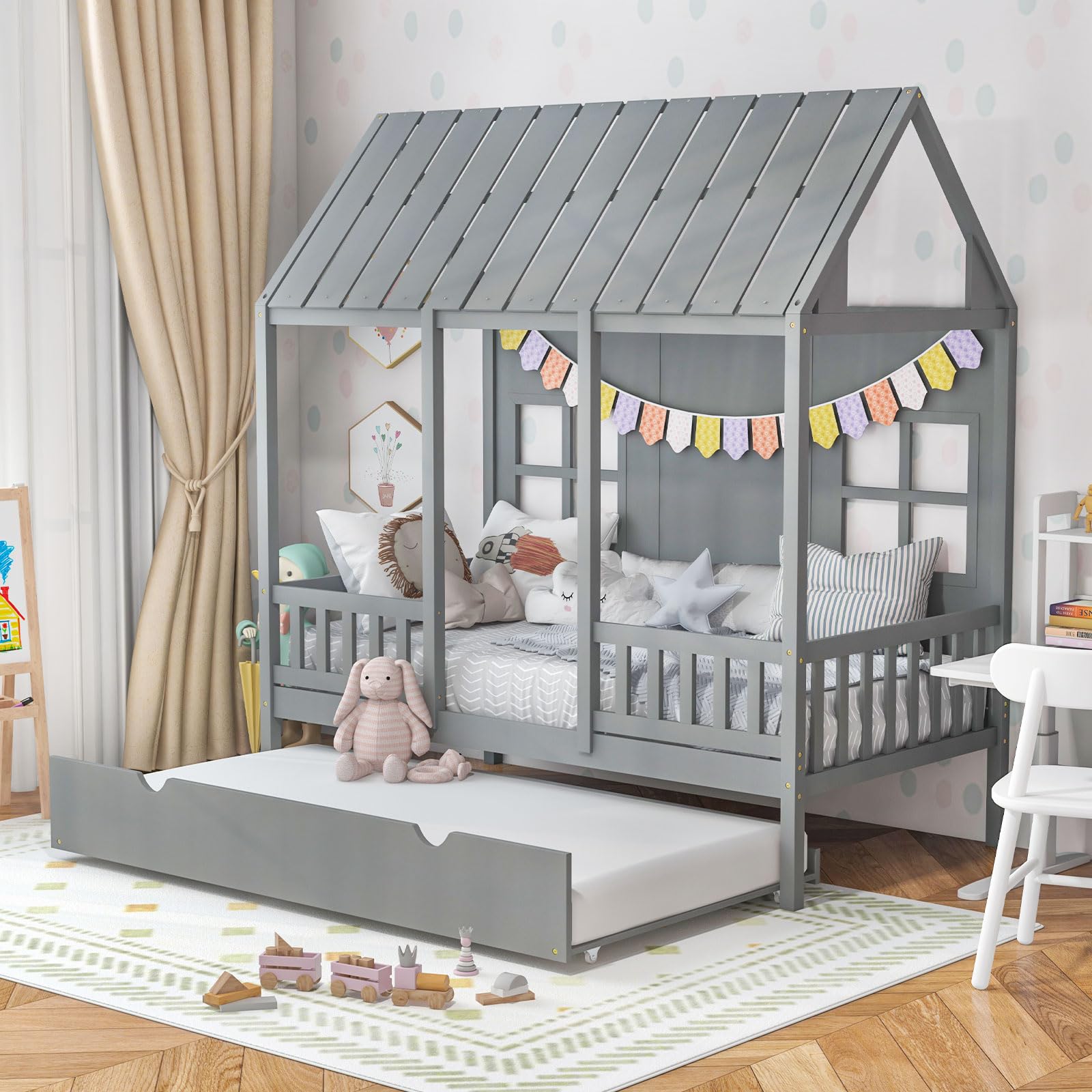 Giantex Twin House Bed With Trundle, Kids Bed Frame With 82' Tall Roof, Windows And Guardrail, Wooden Playhouse Bed For Teens Boys Girls Bedroom, No Box Spring Needed, Free To Decorate, Grey
