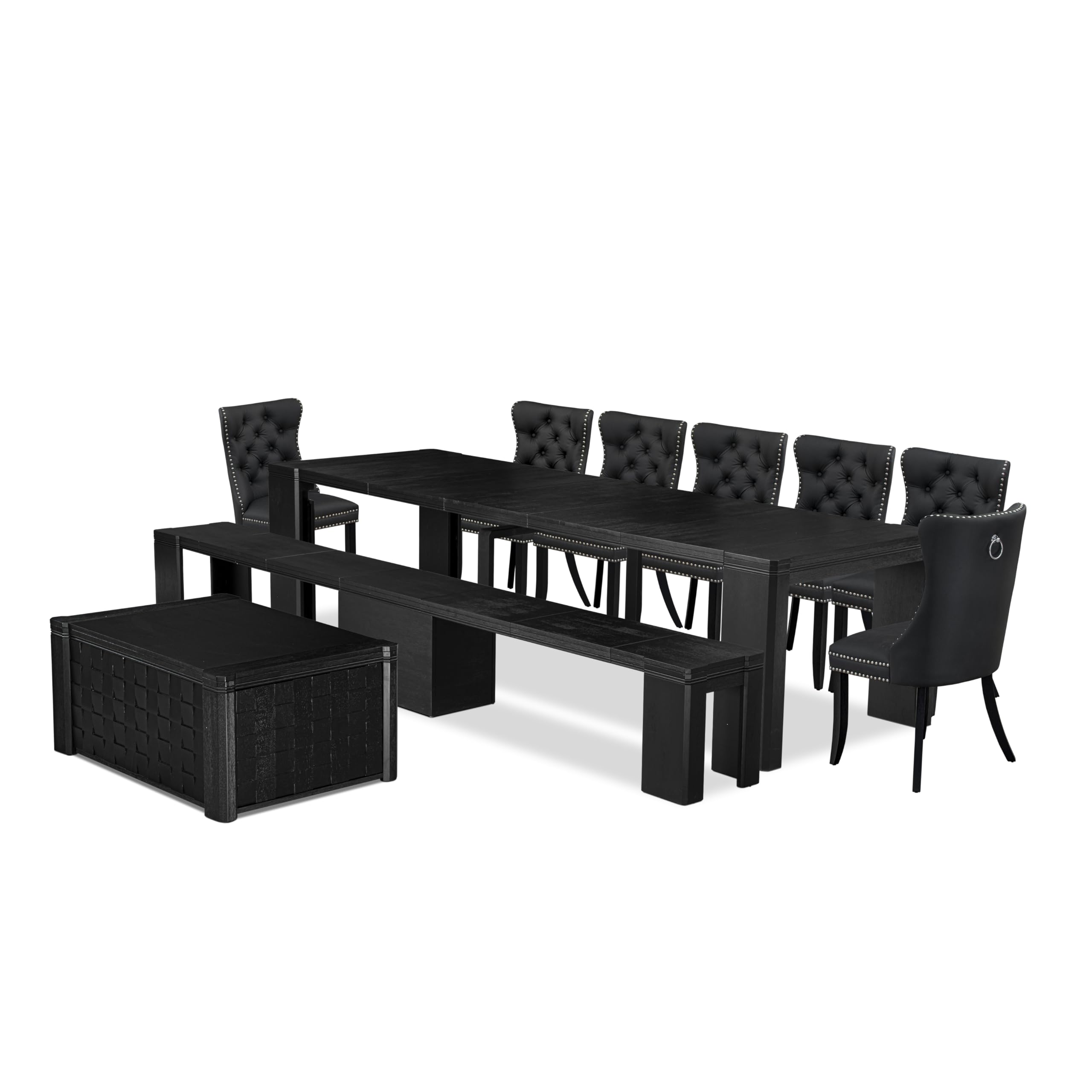 Luxe by East West Furniture - X07DA-BC6-12 - 10-piece Dining Table Set a Kitchen Table with a coffee Table and wooden Benches 7 Dark Grey Faux Leather Dinner Chair, 39x120 Inch, Wire Brushed Black
