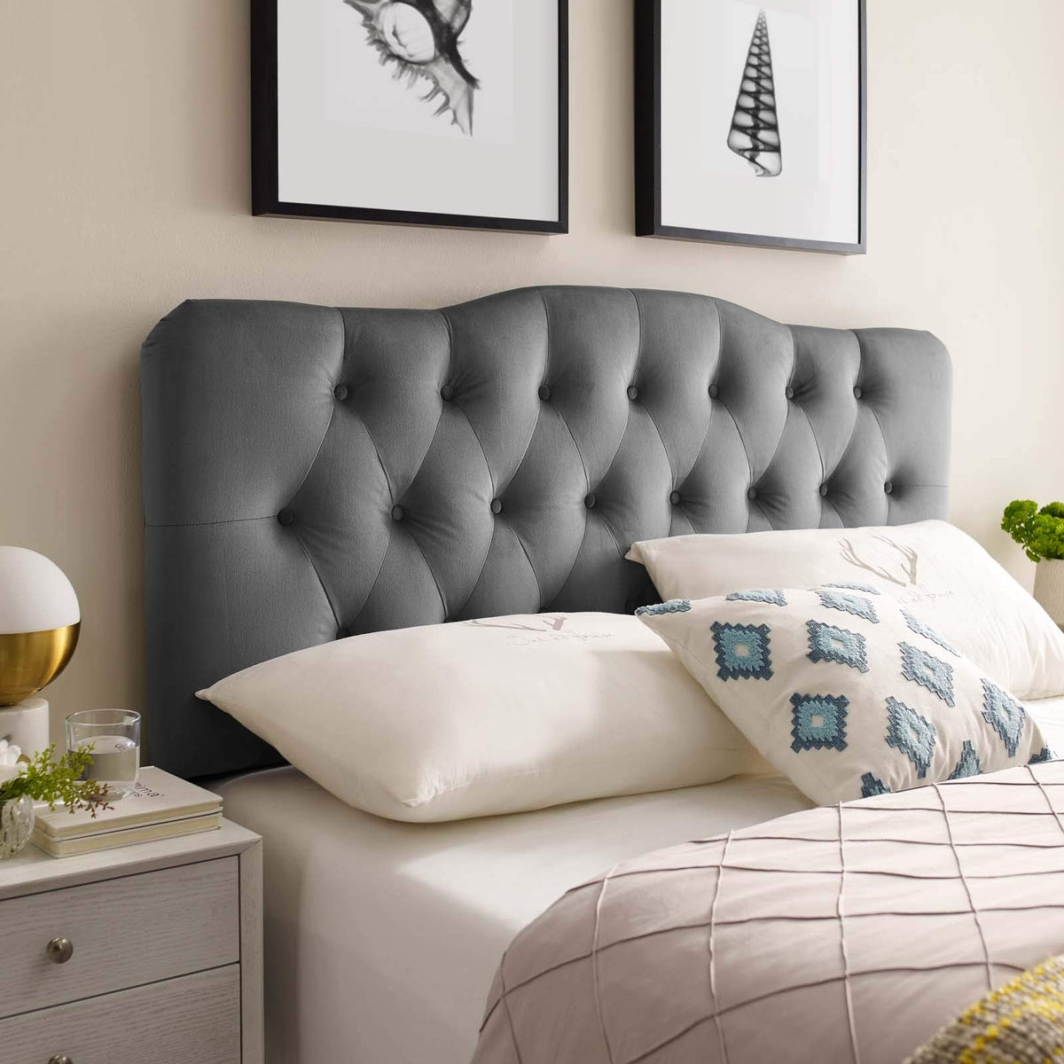 Modway Annabel Diamond Tufted Performance Velvet Queen Headboard In Gray