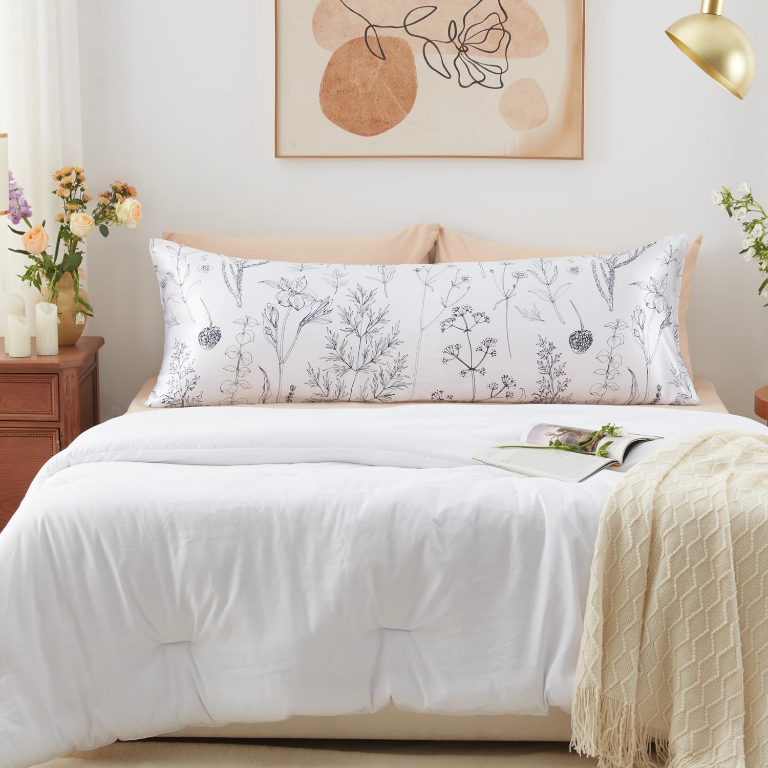 Exq Home Satin Body Pillow Pillowcase Super Soft Silk Pillowcase, Body Pillow Cover With Envelope Closure Flowers With White Bac
