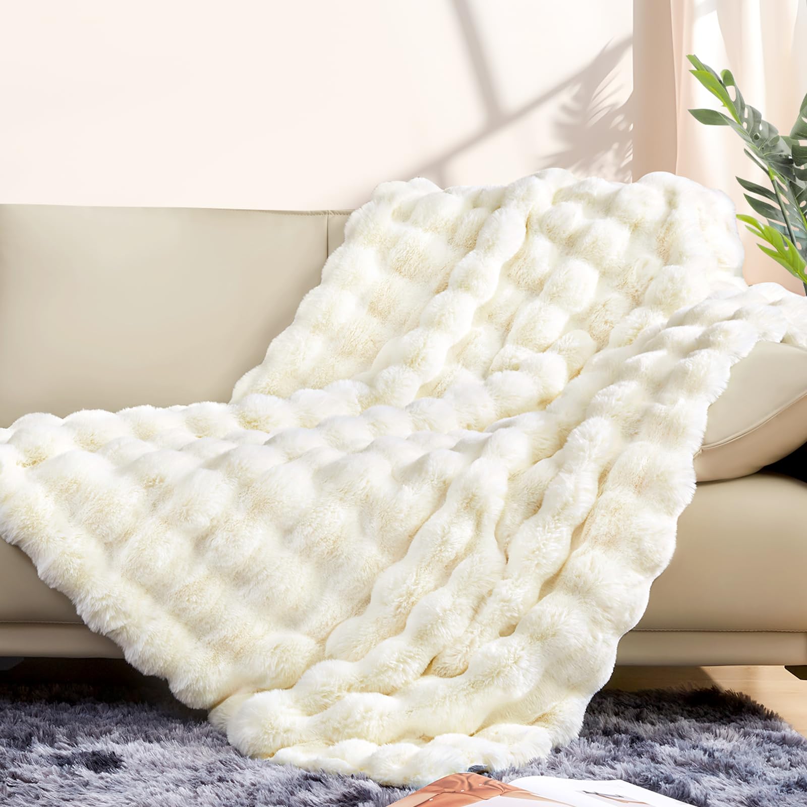 Touchat Luxury 1000Gsm Faux Rabbit Fur Throw Blanket, Super Heavy Warm Cozy Beige Cream Blankets For Couch Bed Sofa, Bubble Plus