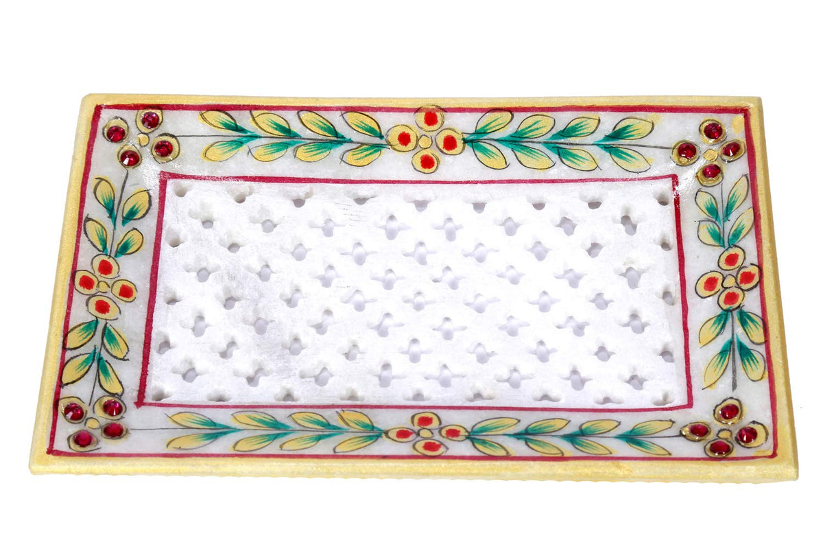 Primium quality Marble Handicraft Painted Soap Dish (15 cm x 10 cm) White Marble Soap Dish, White Soap Dish Holder, udaipuri Mee