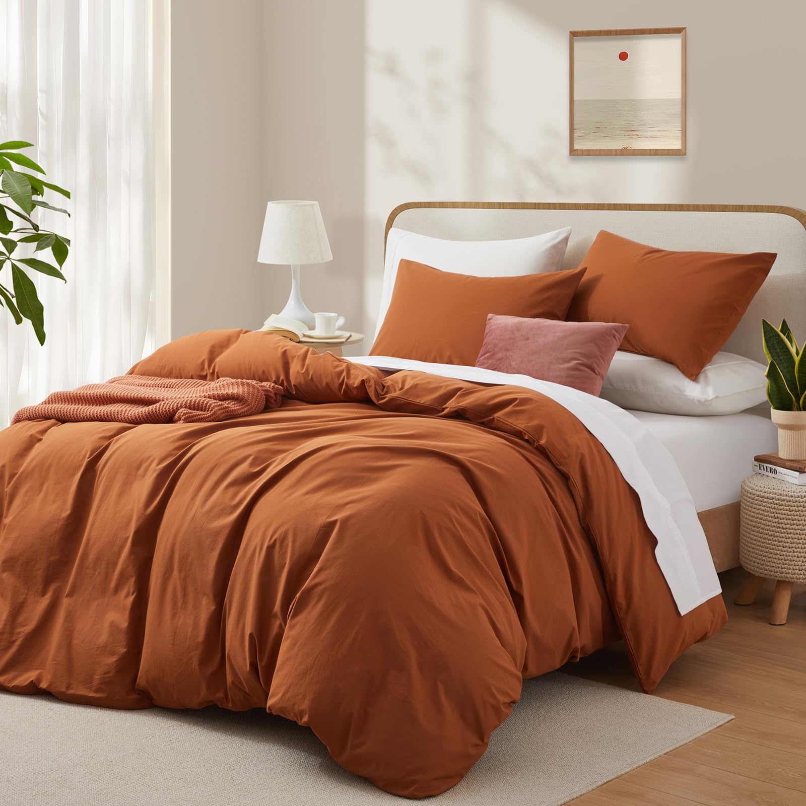 Lovque Burnt Orange Cotton Duvet Cover King Size, Linen Like Natural Bedding Set With Zipper Closure (No Comforter), 104X90 Inch