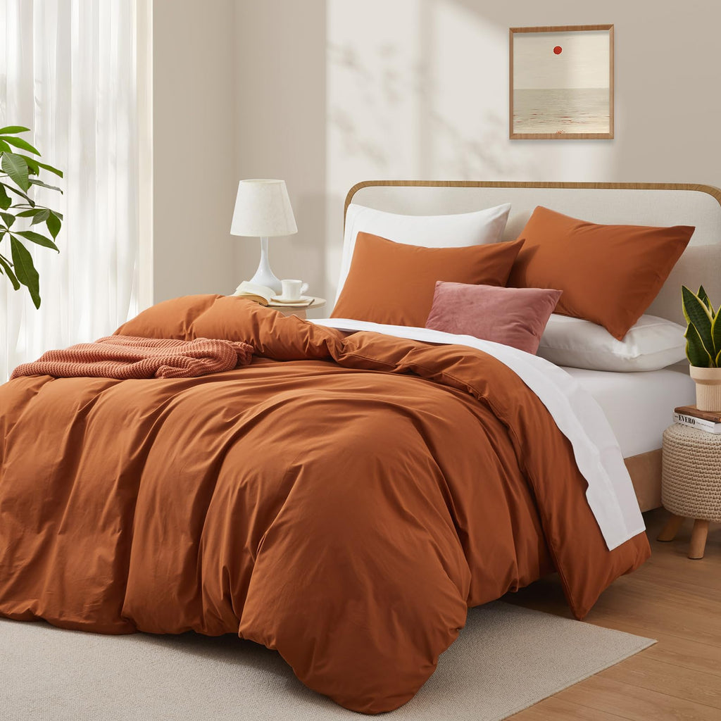 Lovque Burnt Orange Cotton Duvet Cover Queen Size, Linen Like Natural Bedding Set With Zipper Closure (No Comforter), 90X90 Inch