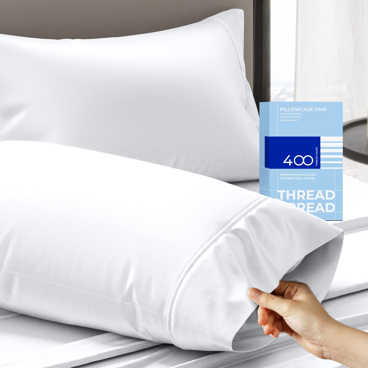 Thread Spread Glee King Size Pillow Cases 2 Pc, Soft Smooth Cotton Pillowcases, 400 Thread Count Sateen Weave, Pure White Pillow