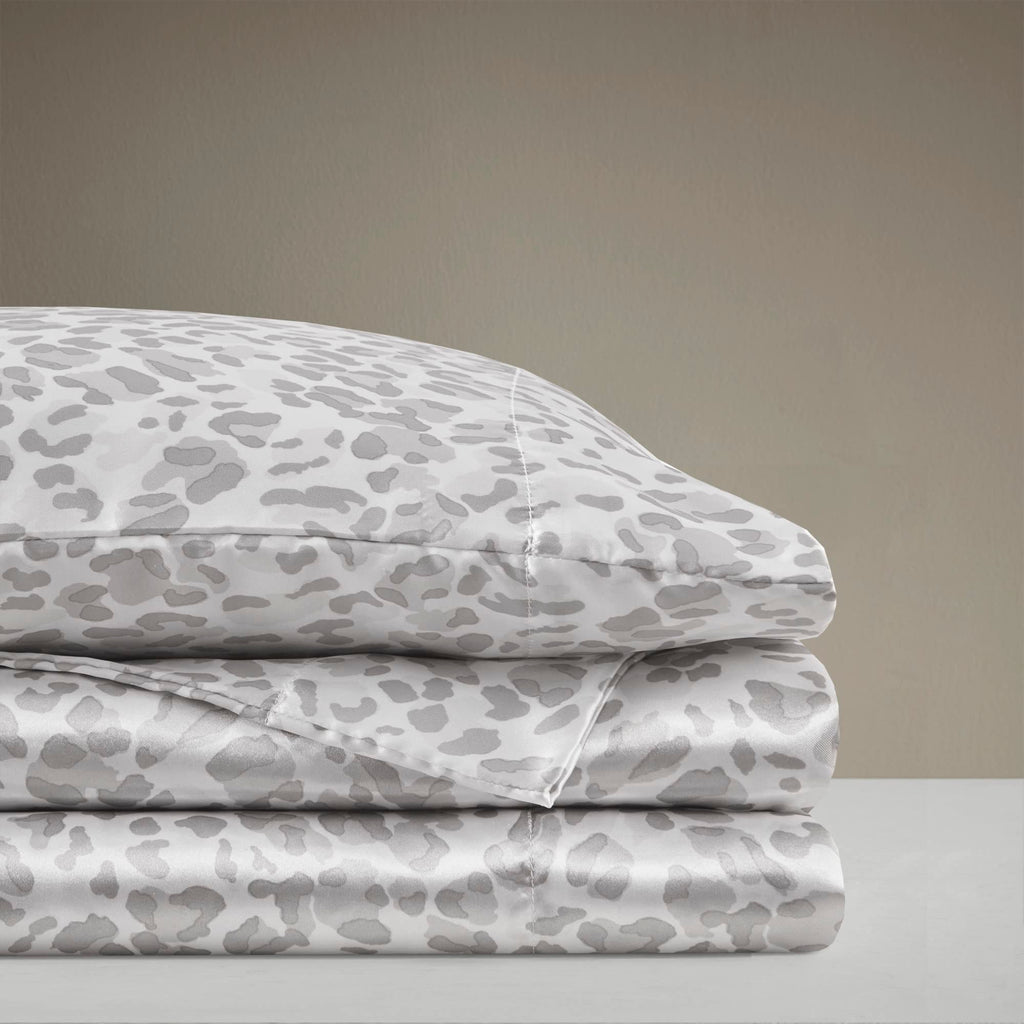 Madison Park Essentials Satin Sheet Set Luxury And Silky With Natural Sheen, Elastic 14' Pocket Fits Up To 16' Mattress, All Around Elastic - Year-Round Bedding, Queen Grey Leopard 4 Piece